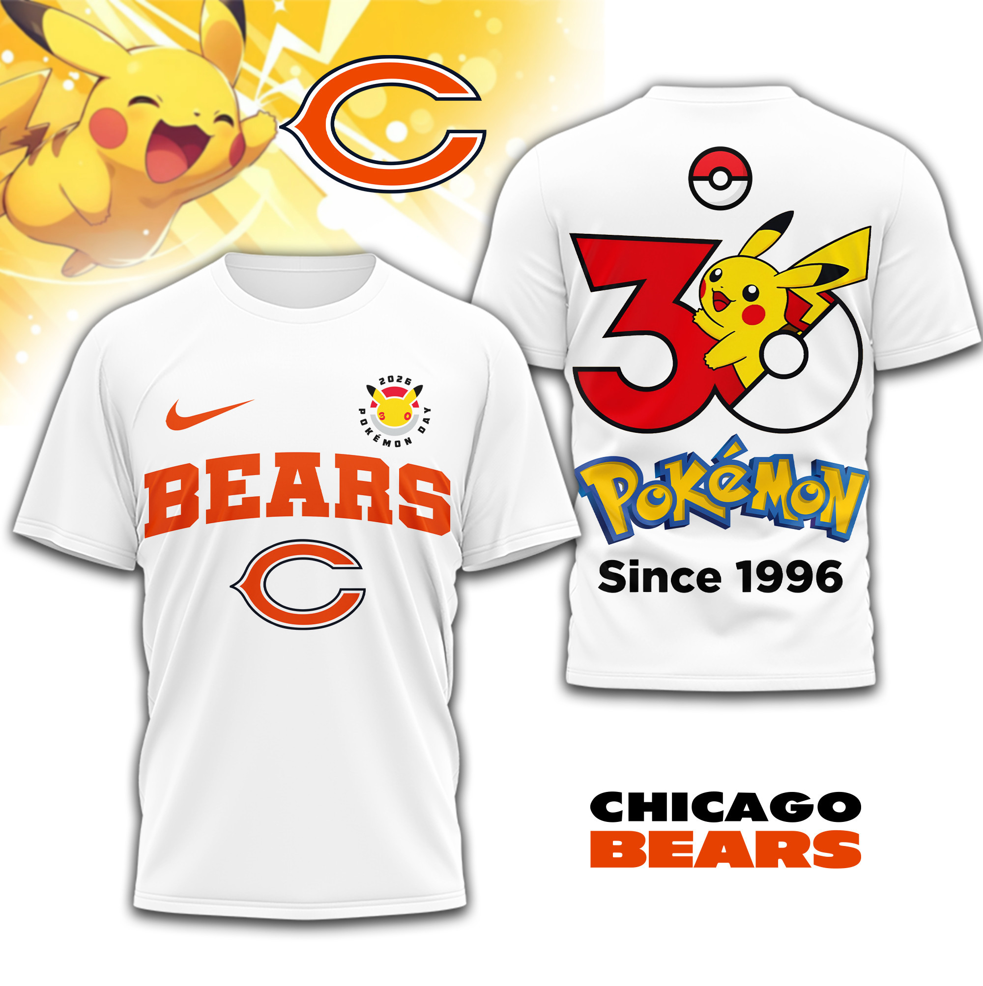 Chicago Bears | Premium NFL Pokemon 30th Anniversary 3D Shirt TD