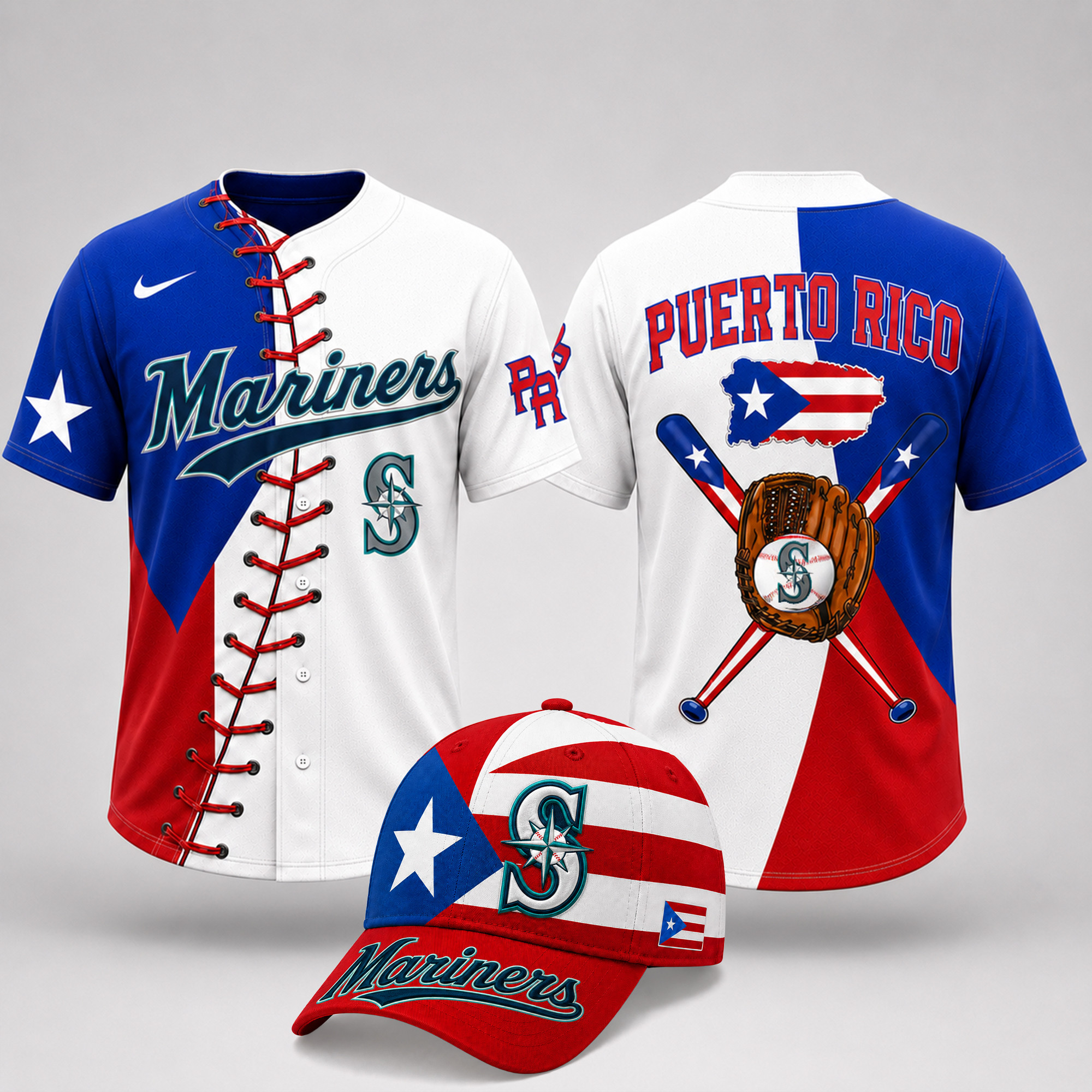 Seattle Mariners | Premium MLB Puerto Rico Island Pride Baseball Jersey And Cap Set