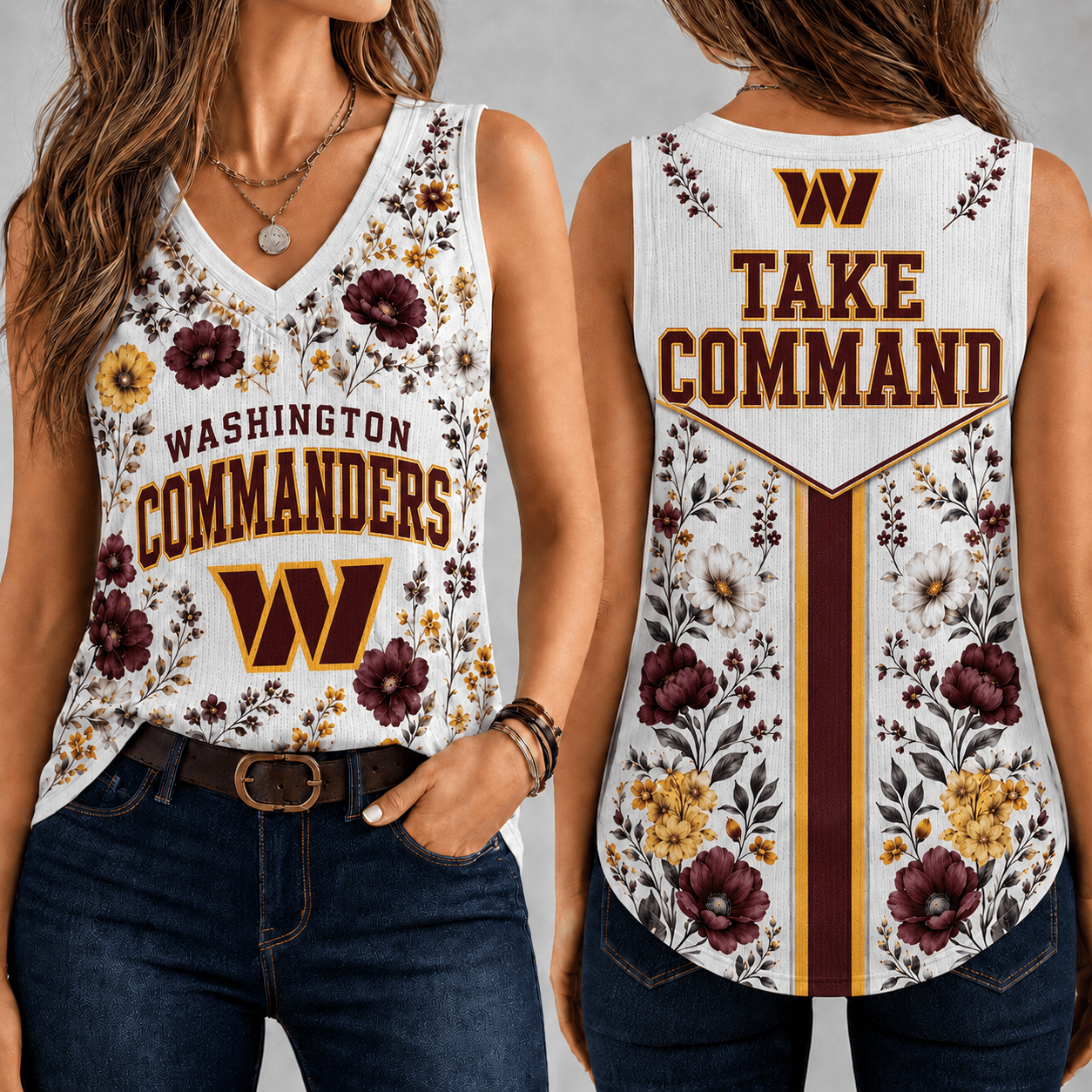 Washington Commanders | Premium NFL Floral Vintage Game Day Women’s V-Neck Tank Top TD