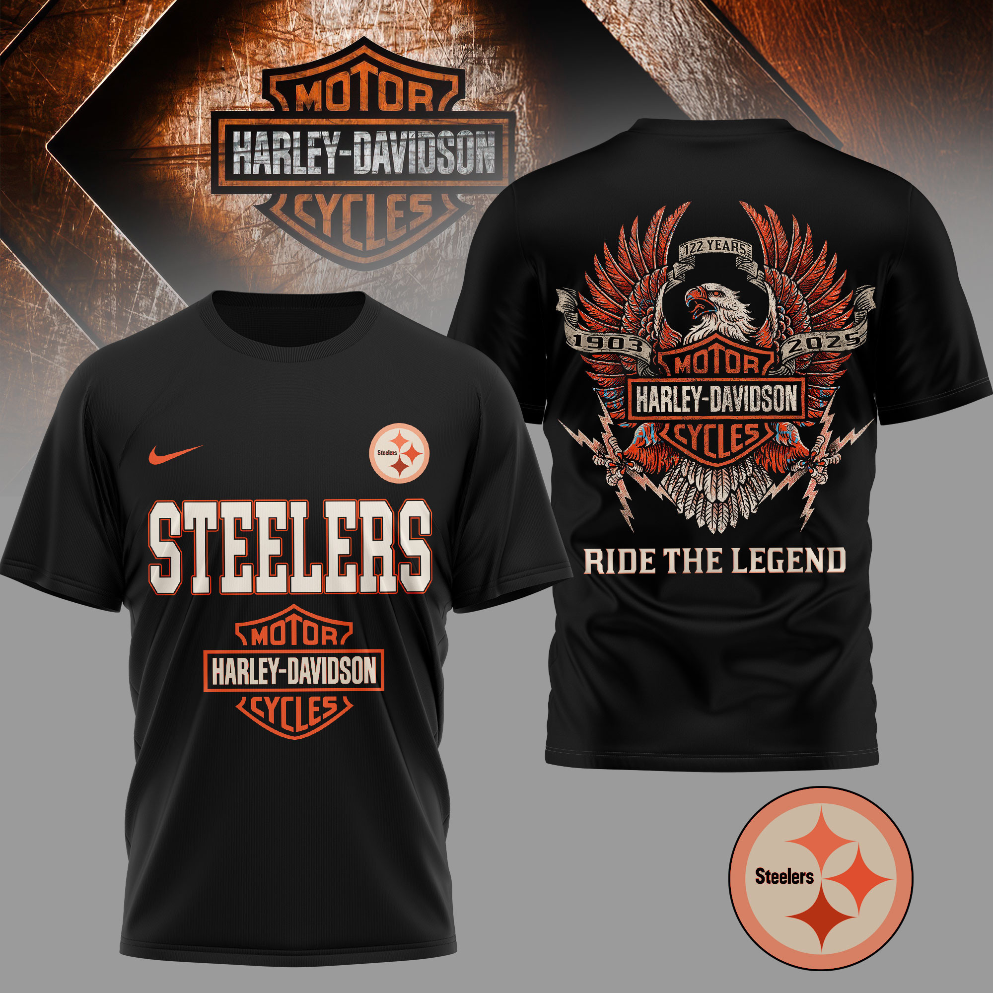 Pittsburgh Steelers | Premium NFL 122 Year Harley Davidson 3D Shirt TD