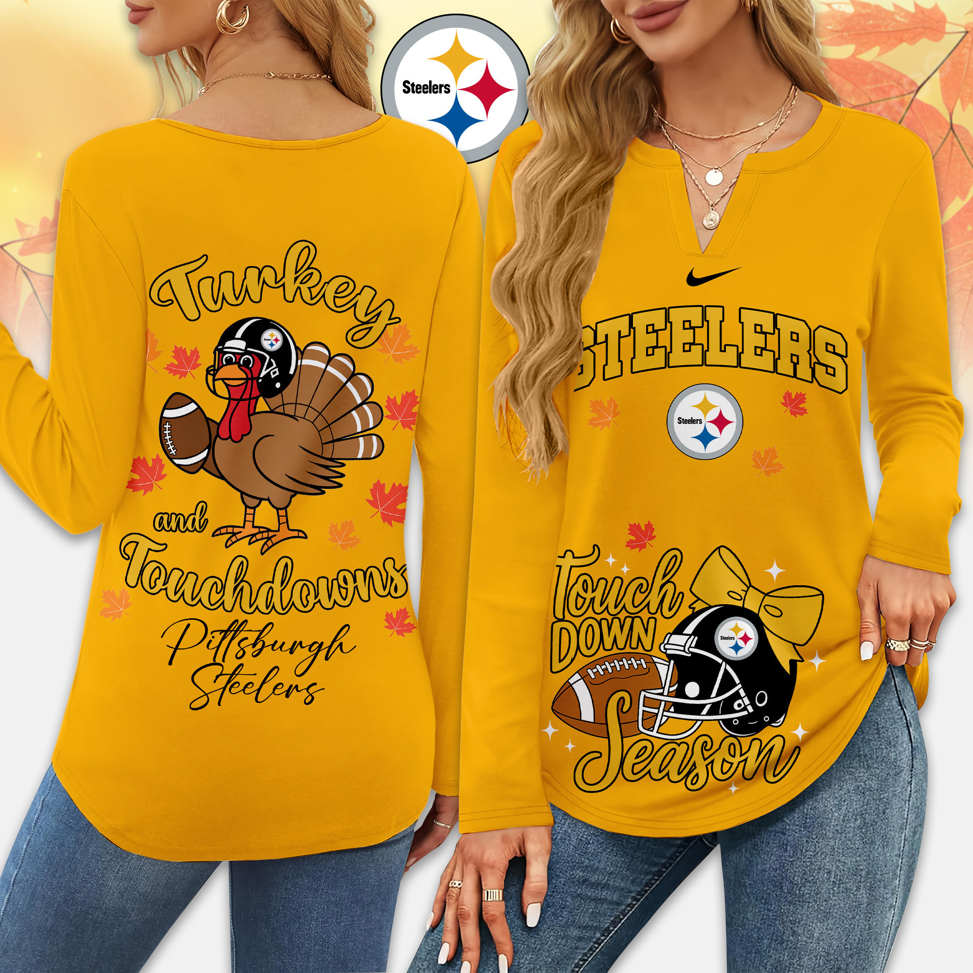 Pittsburgh Steelers | Premium NFL Turkey and Touchdowns V-neck Long Sleeve Shirt TD