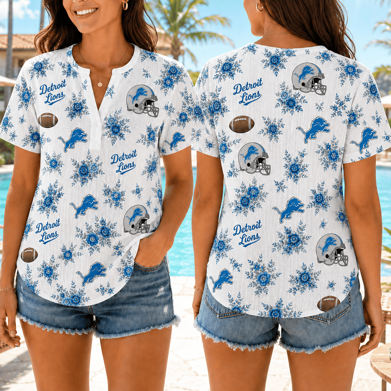 Detroit Lions | Premium NFL Floral Football Women’s Summer Linen Shirt TD