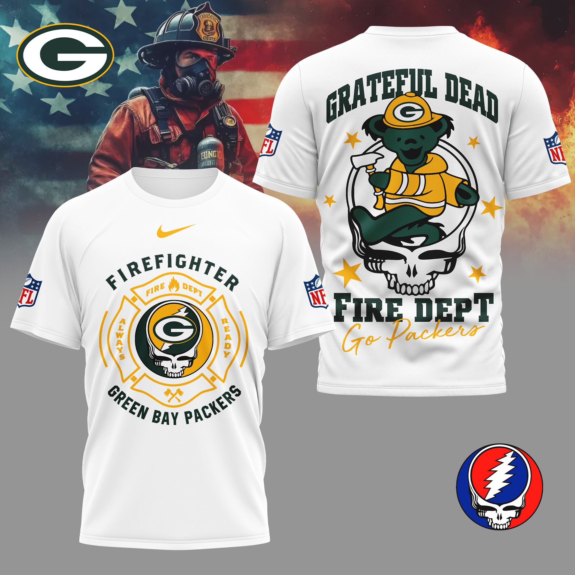 Green Bay Packers | Premium NFL Grateful Dead Firefighter 3D Shirt NY