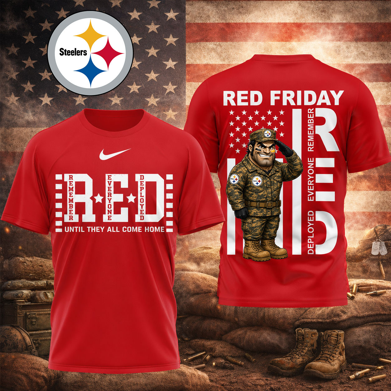 Pittsburgh Steelers | Premium NFL Red Friday Remember Everyone Deployed Veteran Tribute T-Shirt TD
