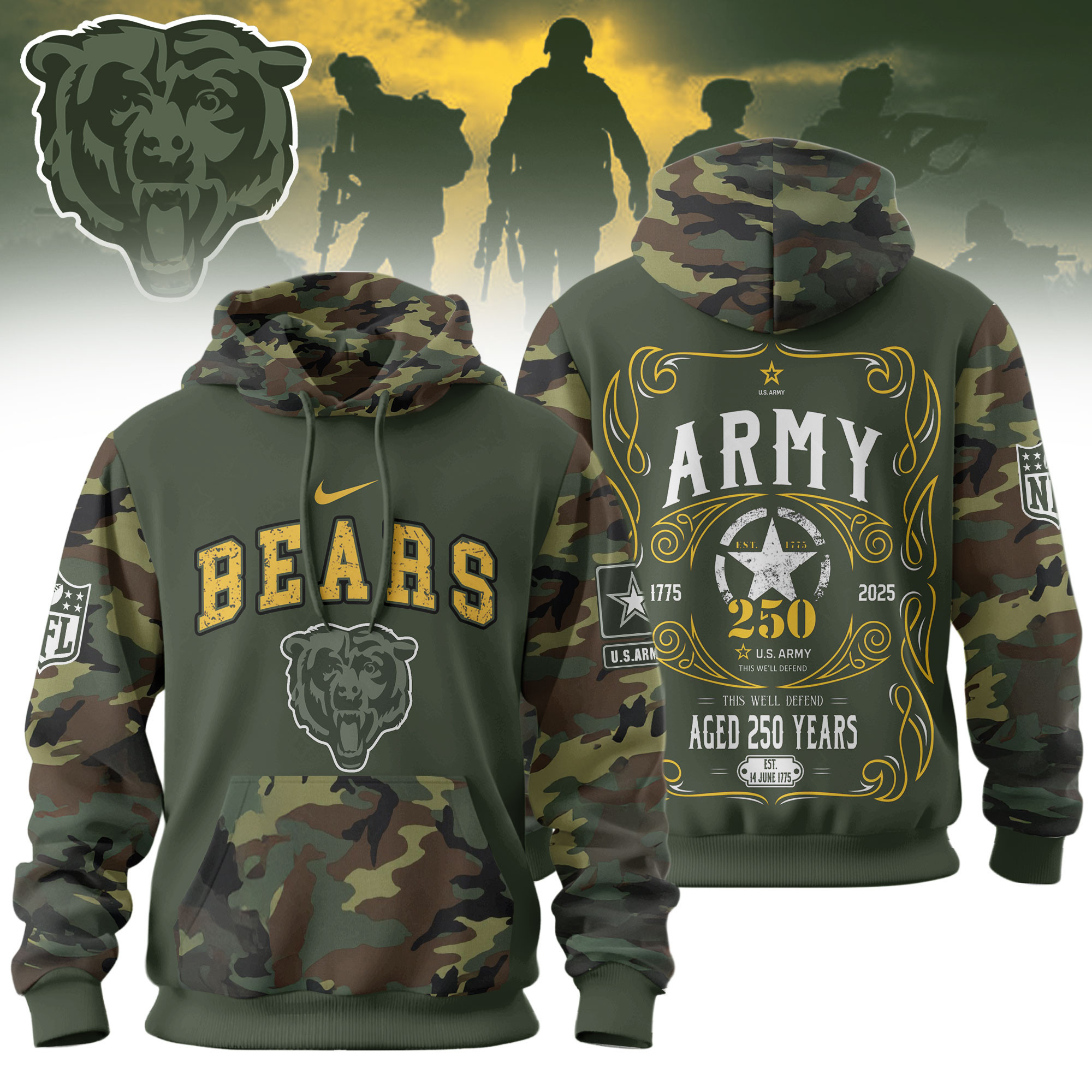 Chicago Bears | Premium NFL US Army 250th anniversary 3D Hoodie TD