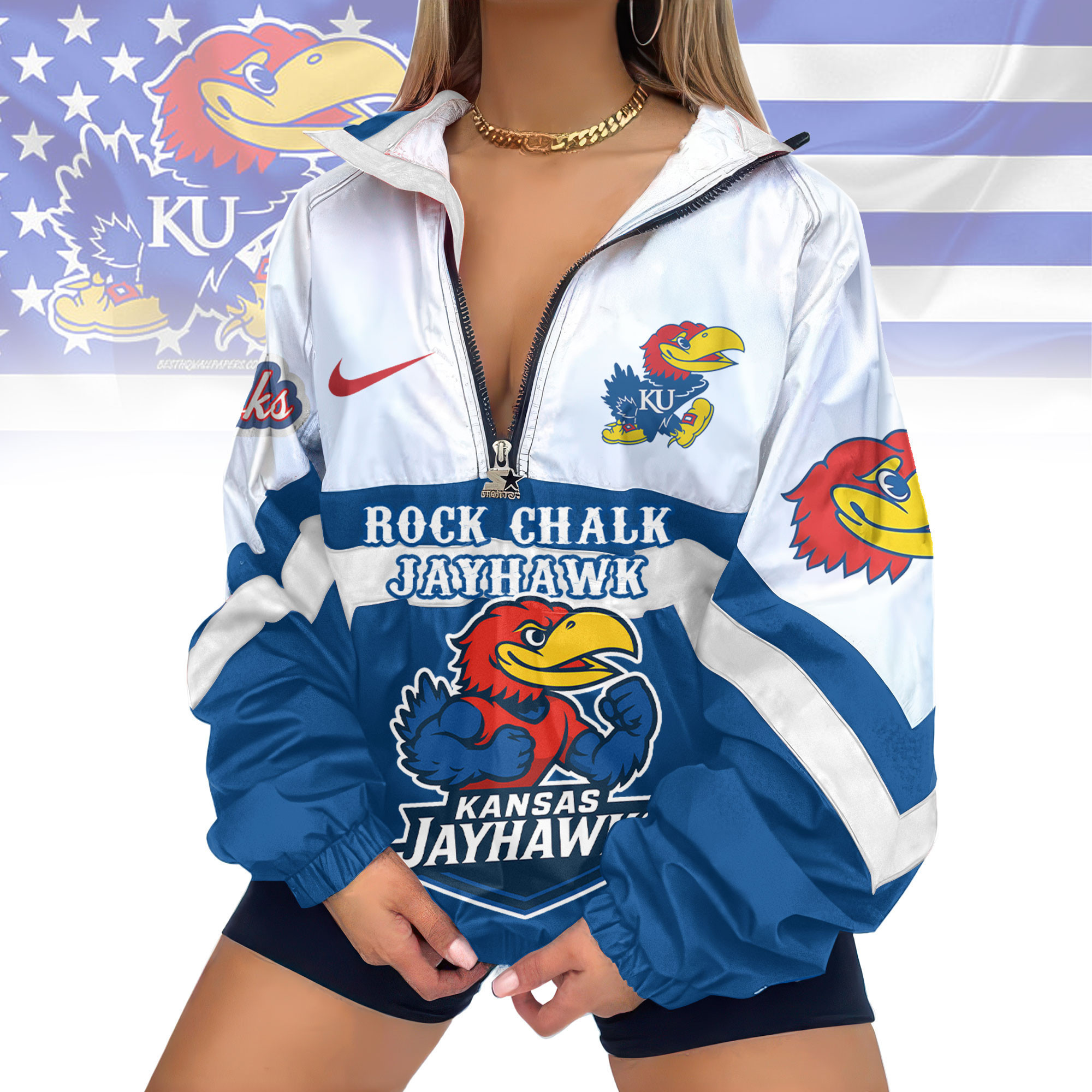 Kansas Jayhawks | Premium Women's Printed V-Neck Zipper Sweatshirt Jackets TD