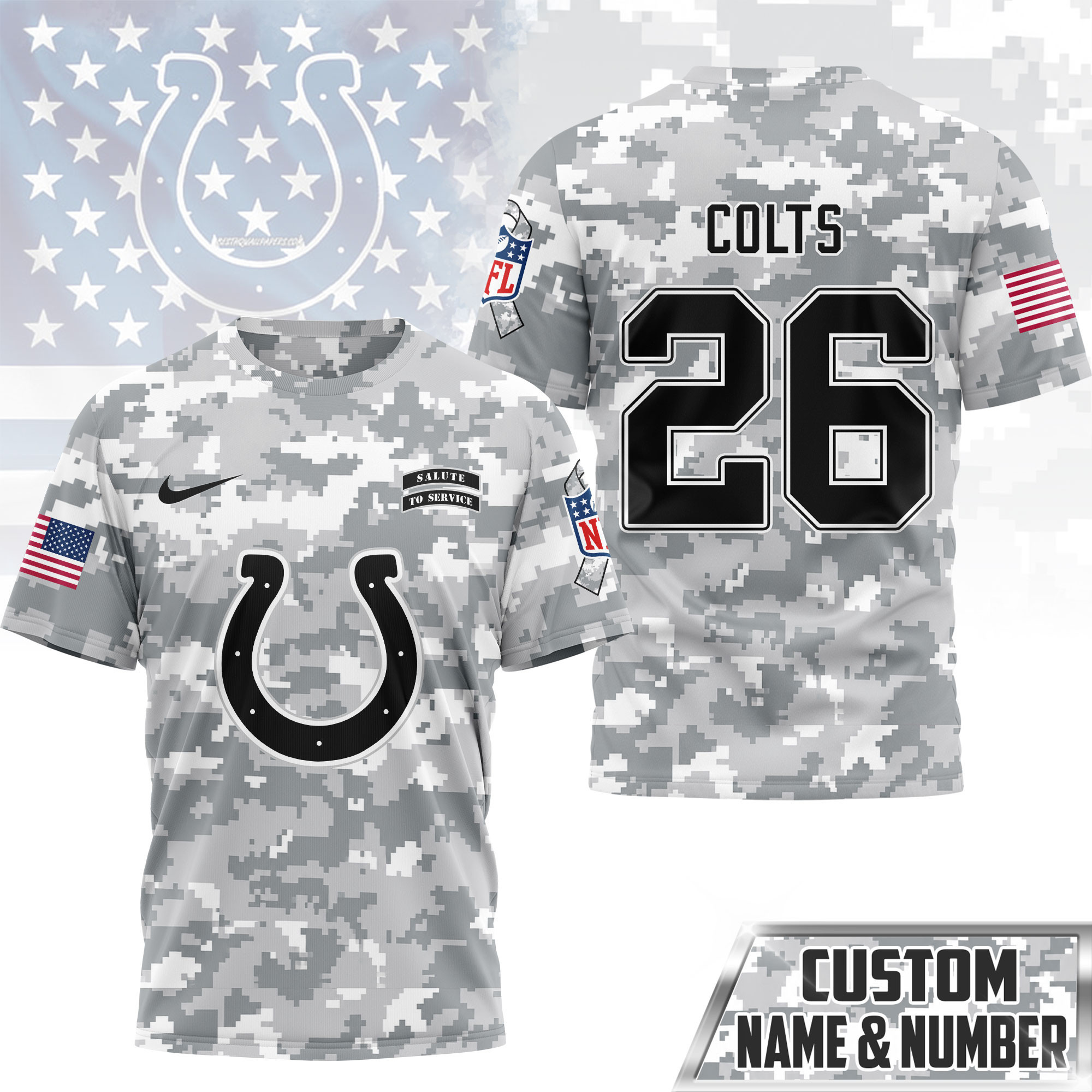 Indianapolis Colts | Premium NFL Salute to Service Custom Name & Number Camo 3D Shirt NY