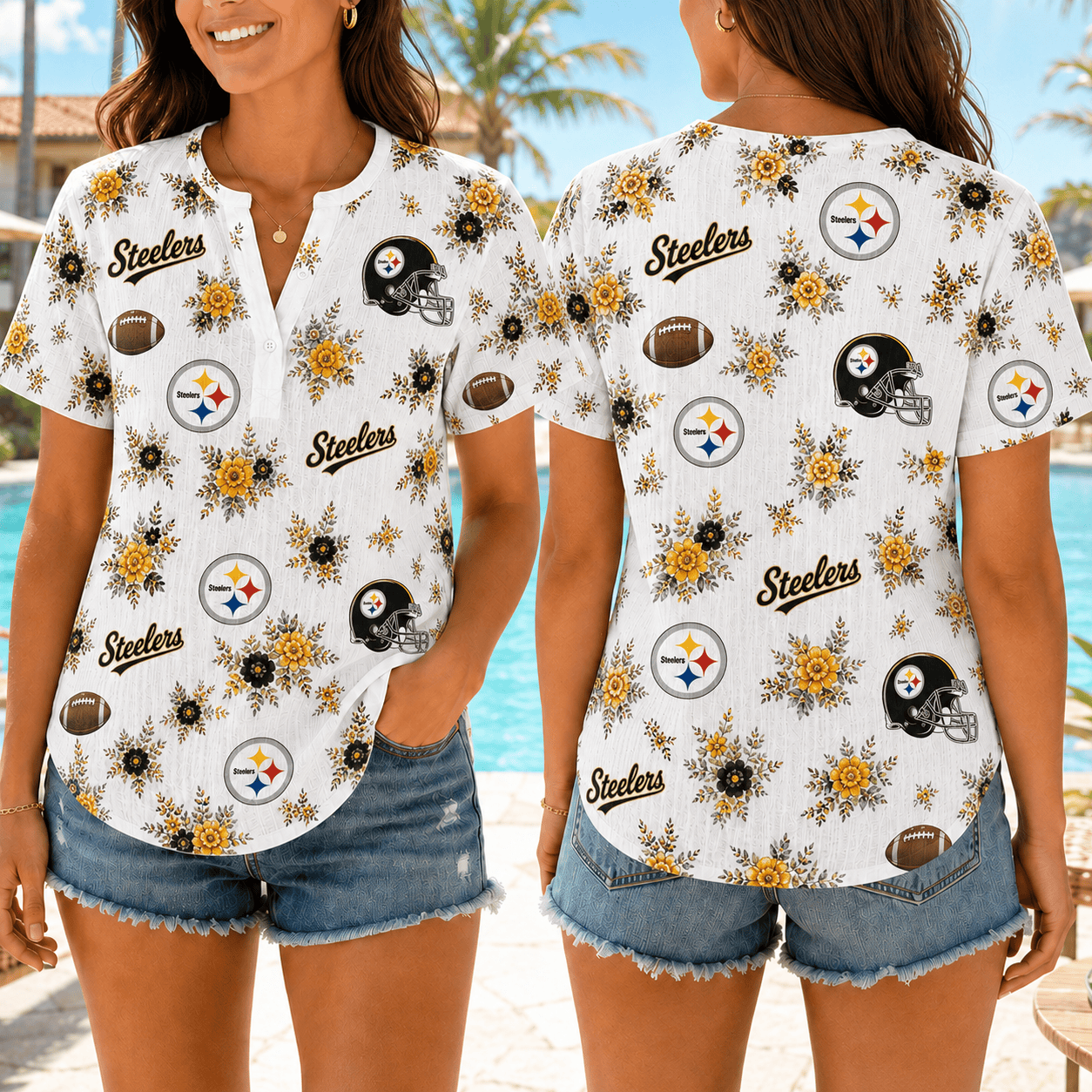 Pittsburgh Steelers | Premium NFL Floral Football Women’s Summer Linen Shirt TD