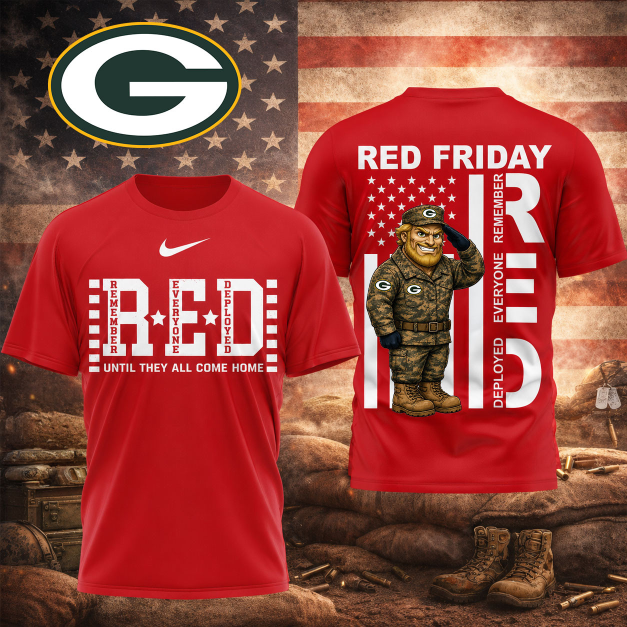 Green Bay Packers | Premium NFL Red Friday Remember Everyone Deployed Veteran Tribute T-Shirt TD