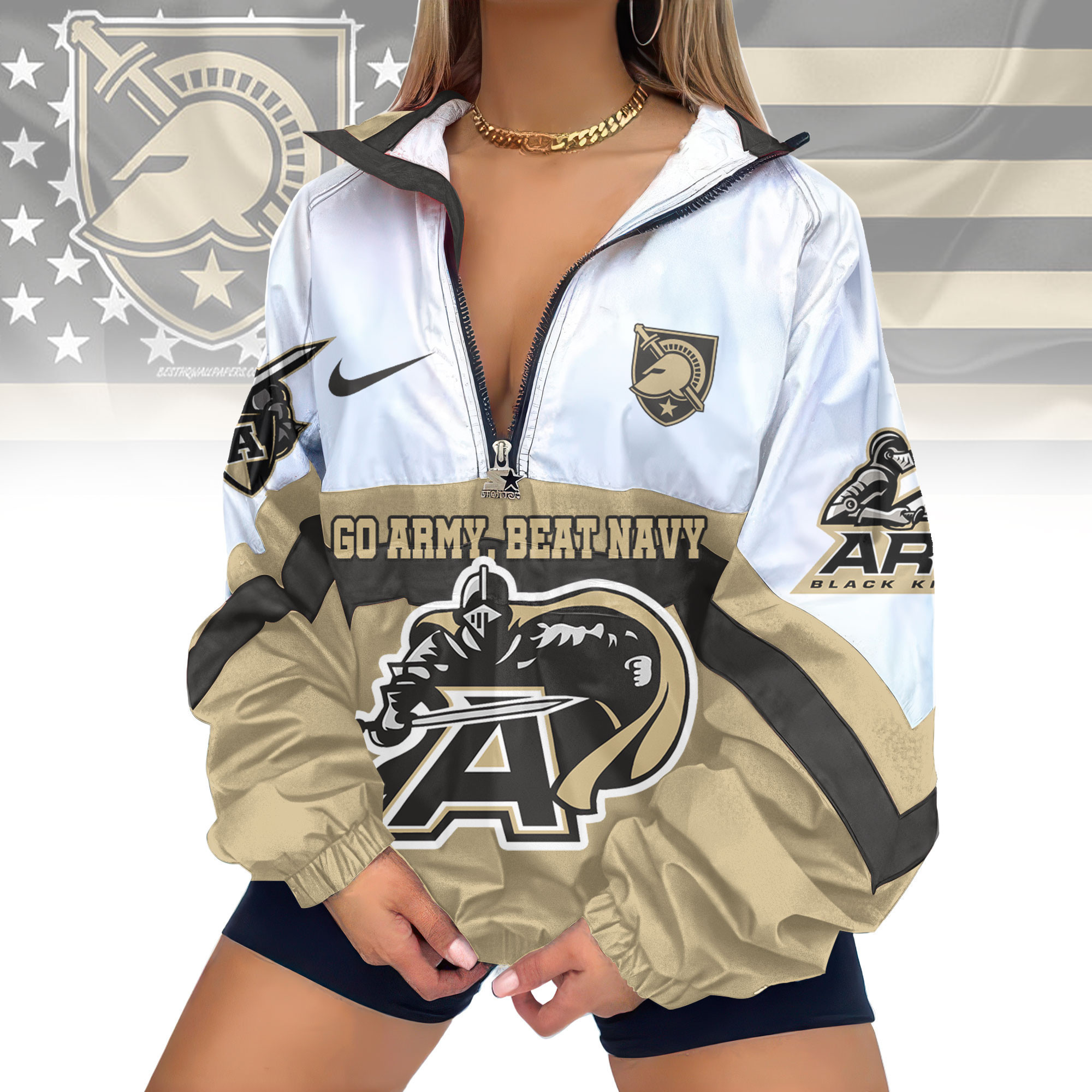 Army Black Knights | Premium Women's Printed V-Neck Zipper Sweatshirt Jackets TD