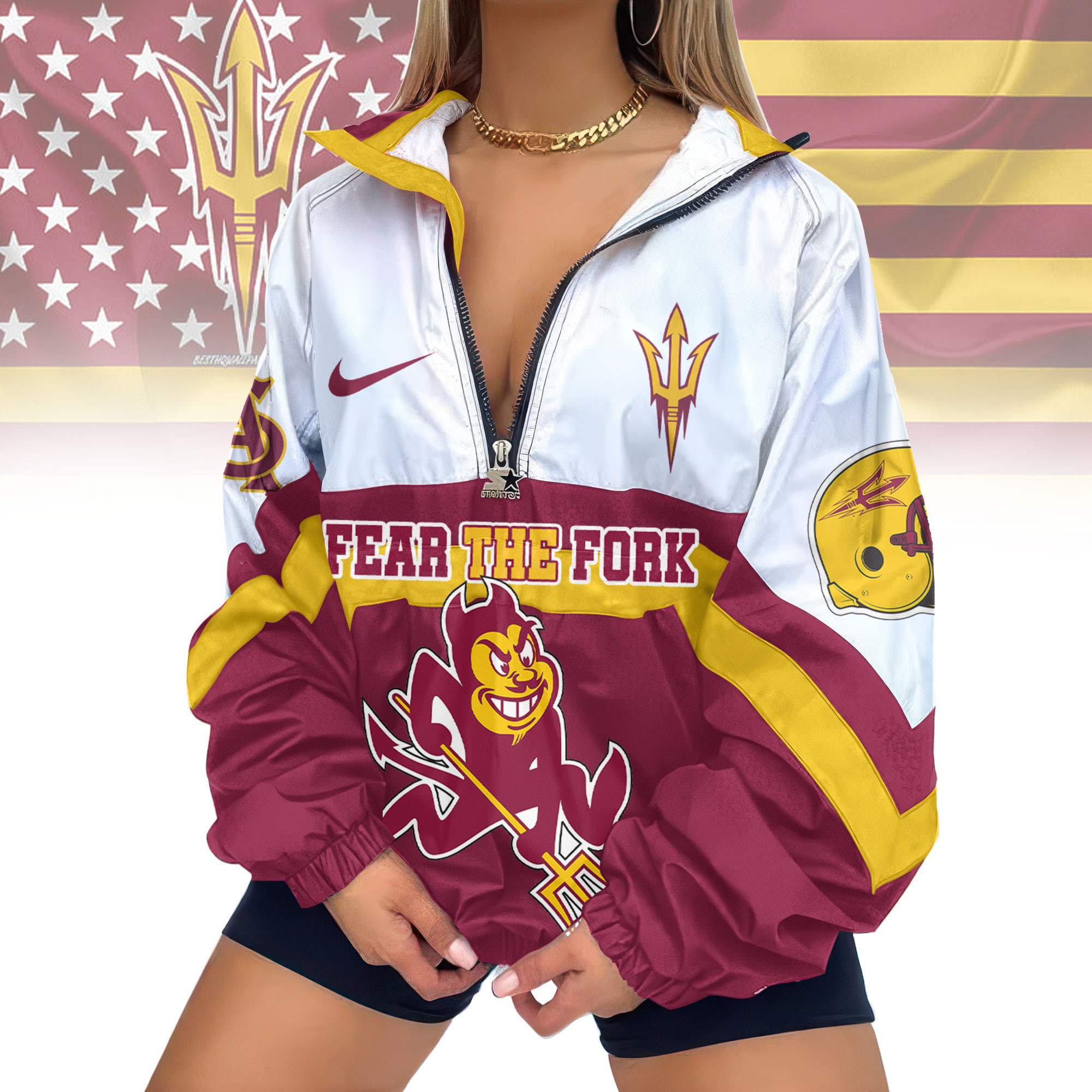 Arizona State Sun Devils | Premium Women's Printed V-Neck Zipper Sweatshirt Jackets TD