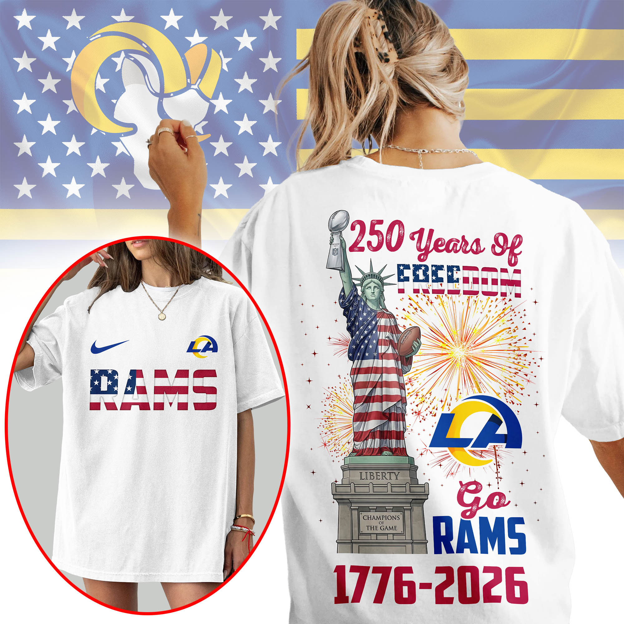 Los Angeles Rams | Premium NFL Statue Of Liberty 250th Anniversary 3D Shirt NP