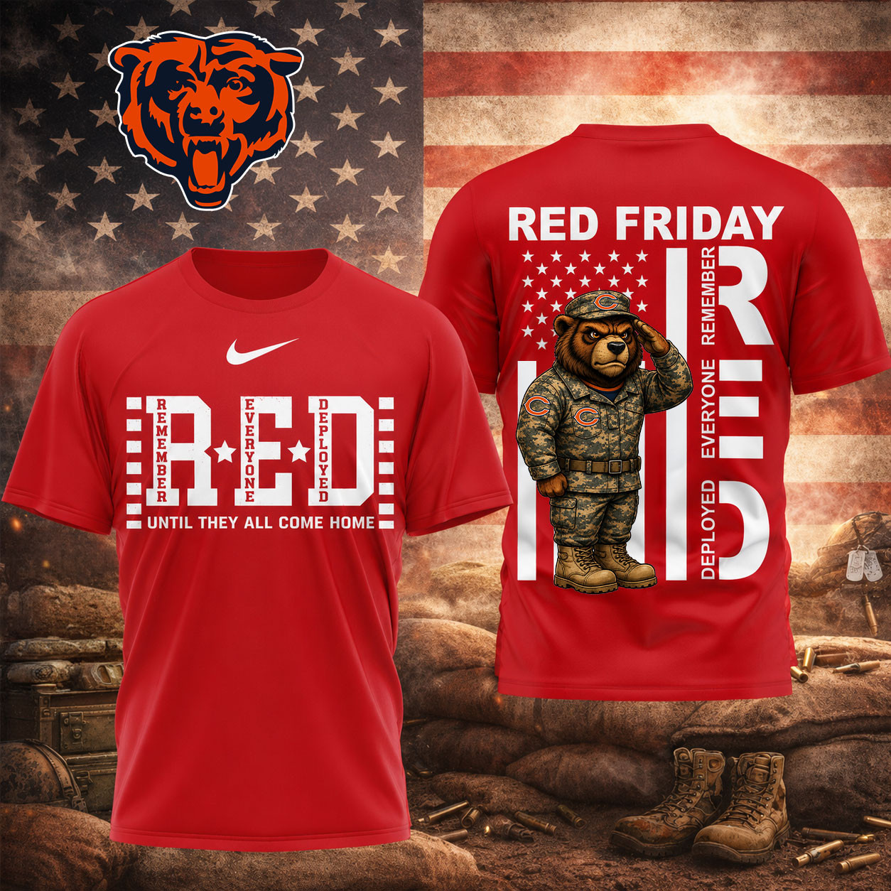 Chicago Bears | Premium NFL Red Friday Remember Everyone Deployed Veteran Tribute T-Shirt TD