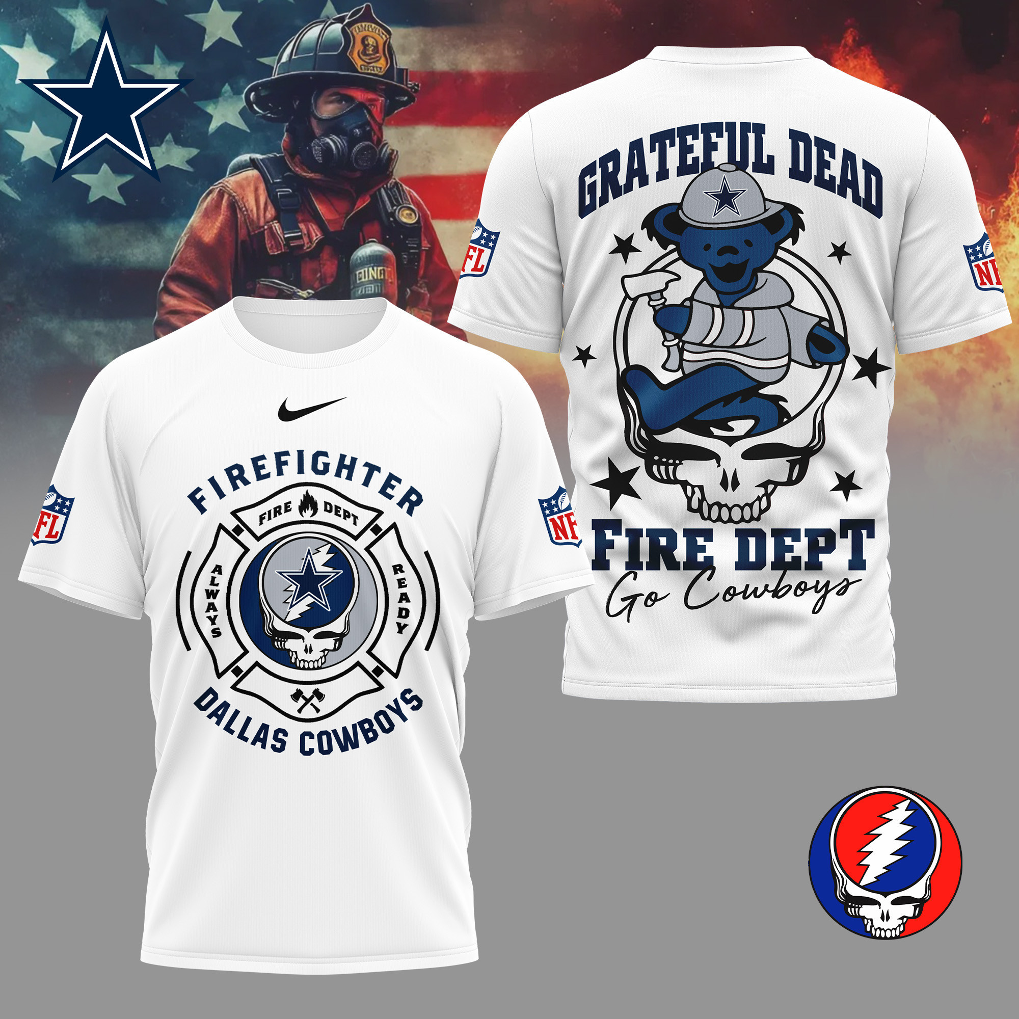 Dallas Cowboys | Premium NFL Grateful Dead Firefighter 3D Shirt NY