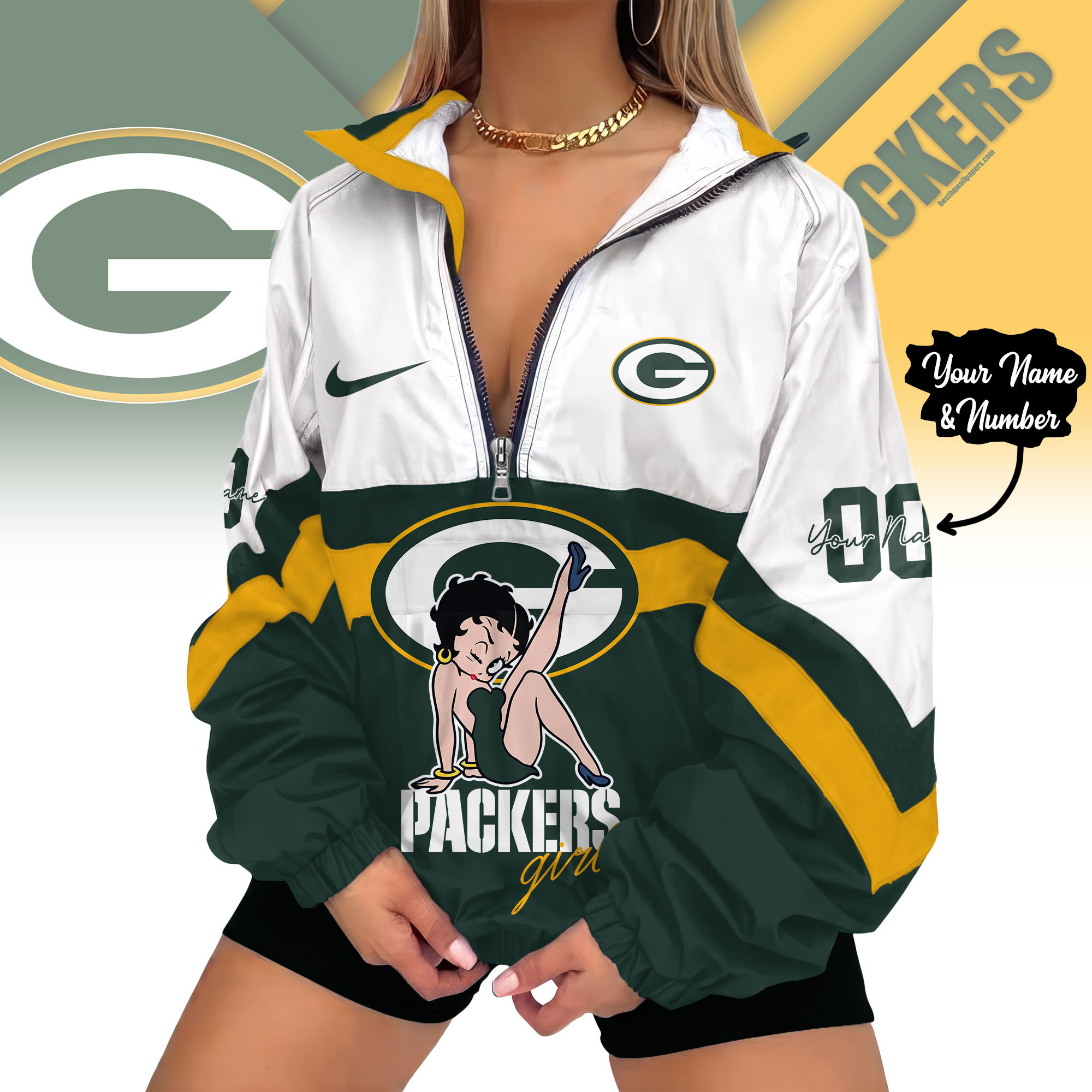 Green Bay Packers | Premium NFL Custom Game Day Girl Windbreaker V-Neck Zipper Sweatshirt Jackets NTH1