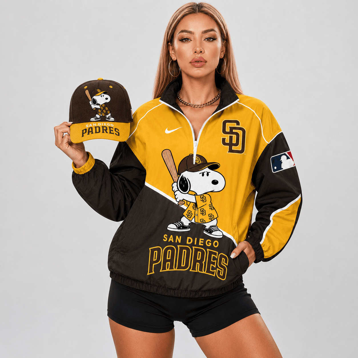 San Diego Padres | Premium MLB Snoopy Clubhouse Swing V-neck Jacket And Cap Set