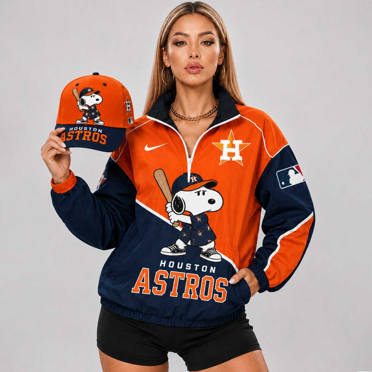 Houston Astros | Premium MLB Snoopy Clubhouse Swing V-neck Jacket And Cap Set