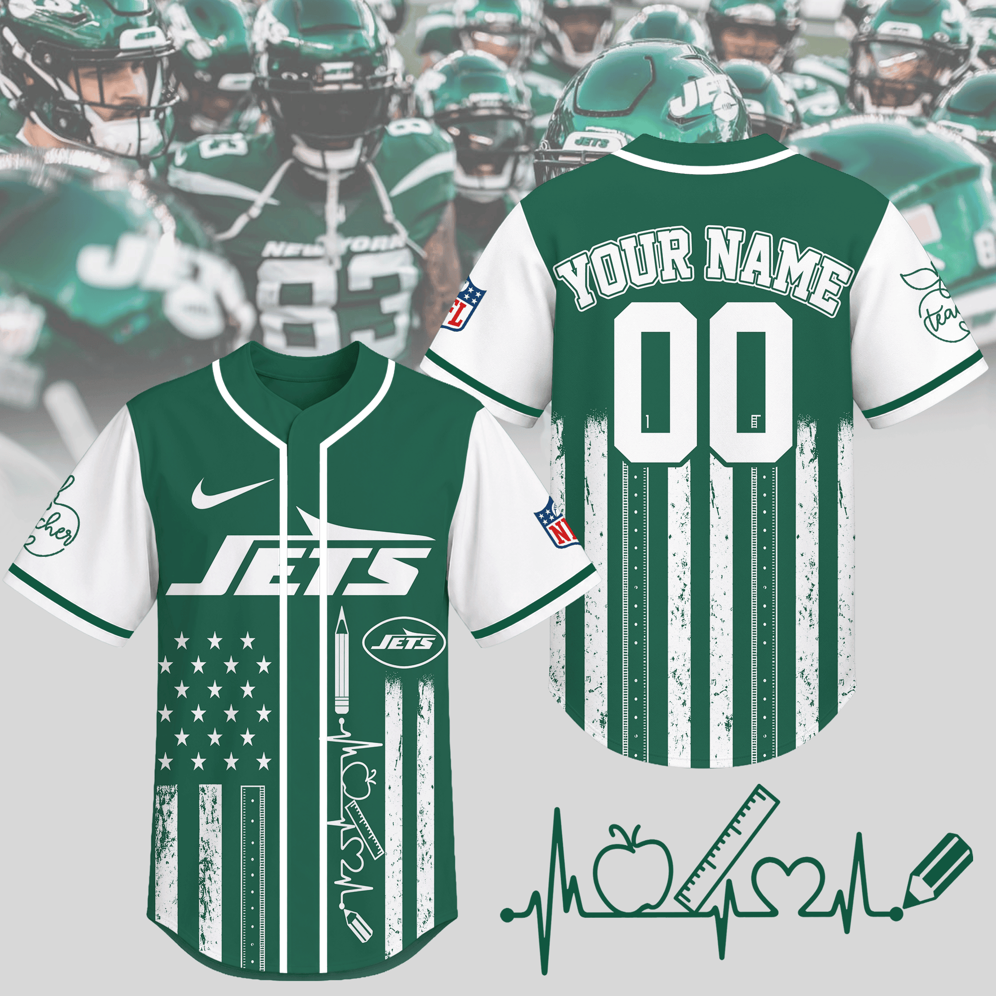 New York Jets | Premium NFL Personalized Teacher Heartbeat Jersey NTH1