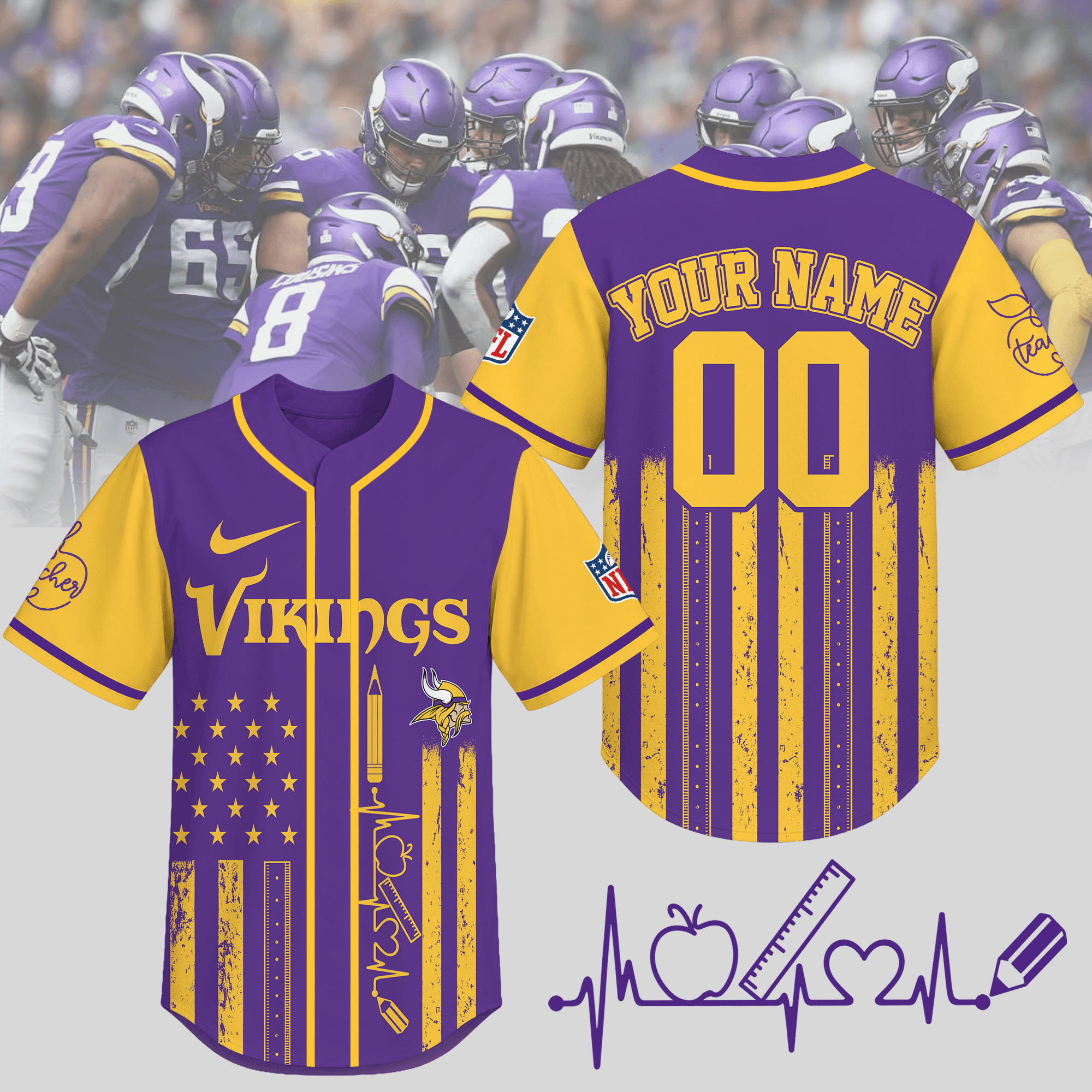 Minnesota Vikings | Premium NFL Personalized Teacher Heartbeat Jersey NTH1