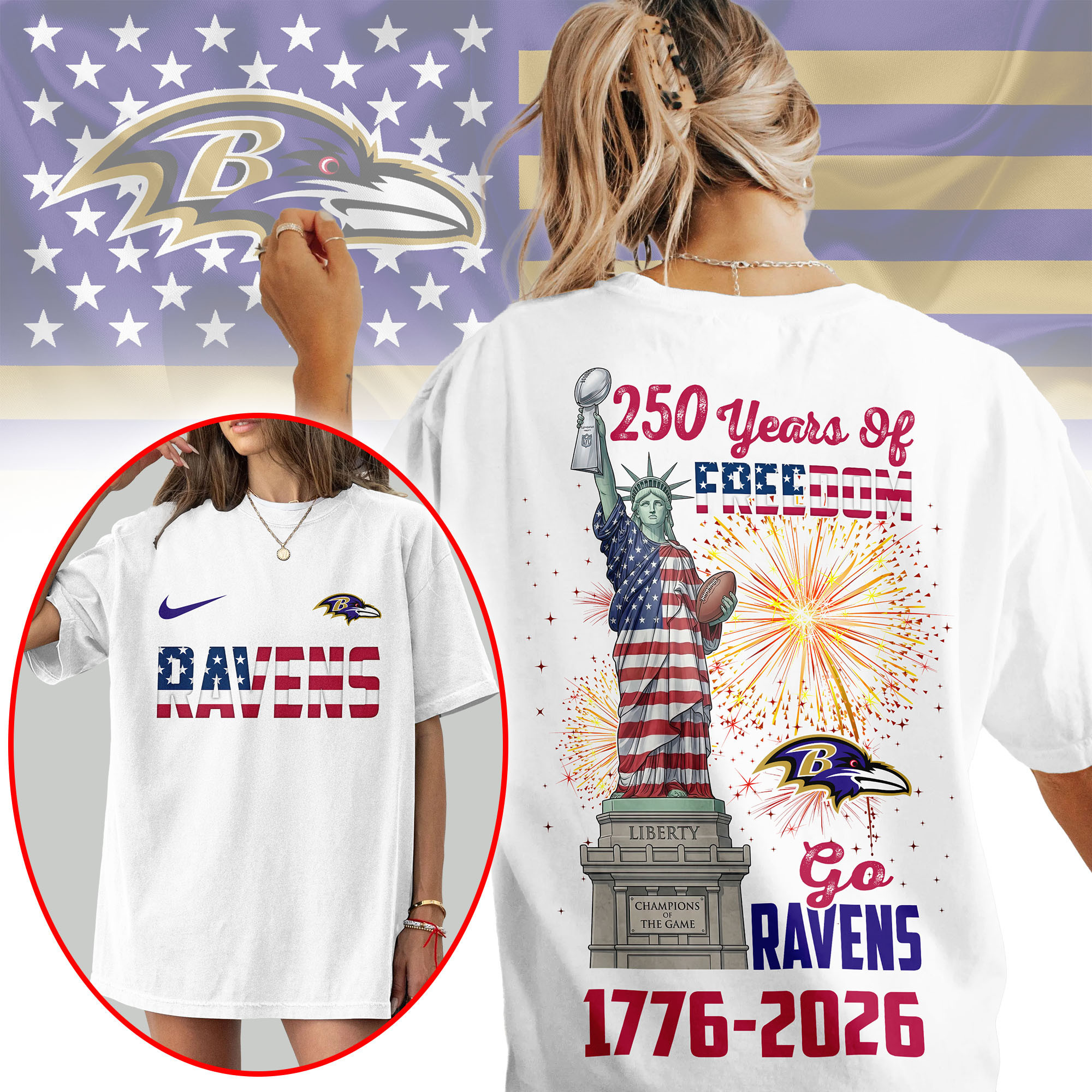 Baltimore Ravens | Premium NFL Statue Of Liberty 250th Anniversary 3D Shirt NP
