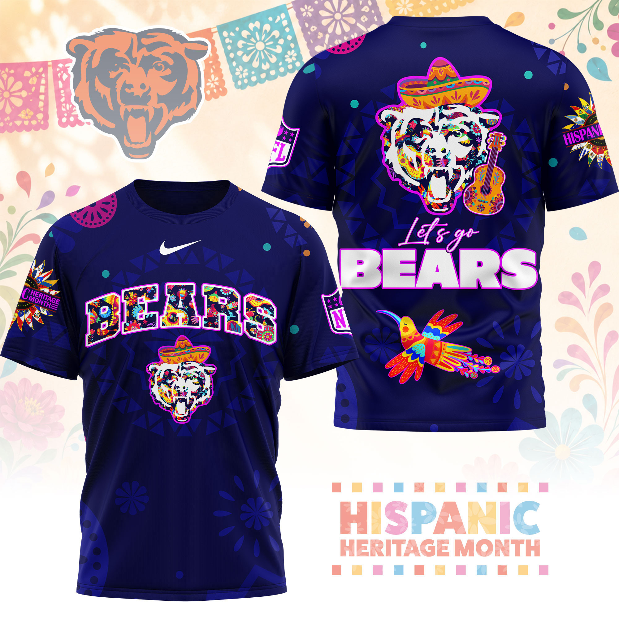 Chicago Bears | Premium NFL Hispanic Heritage Fiesta 3D Shirt NY