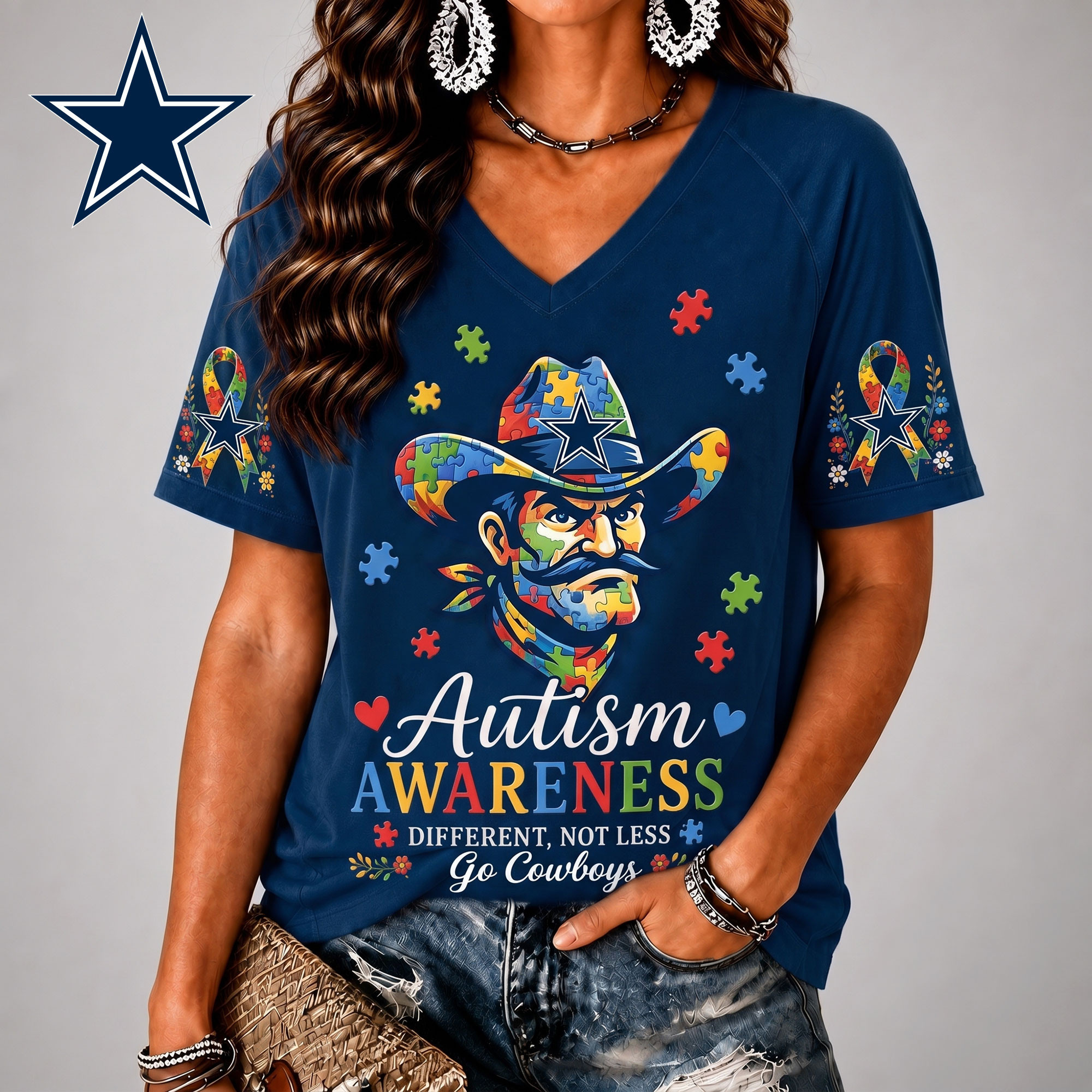 Dallas Cowboys| Premium NFL Different, Not Less Autism Awareness V-neck Shirt NY