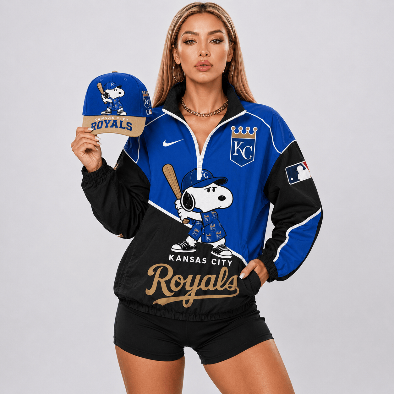 Kansas City Royals | Premium MLB Snoopy Clubhouse Swing V-neck Jacket And Cap Set