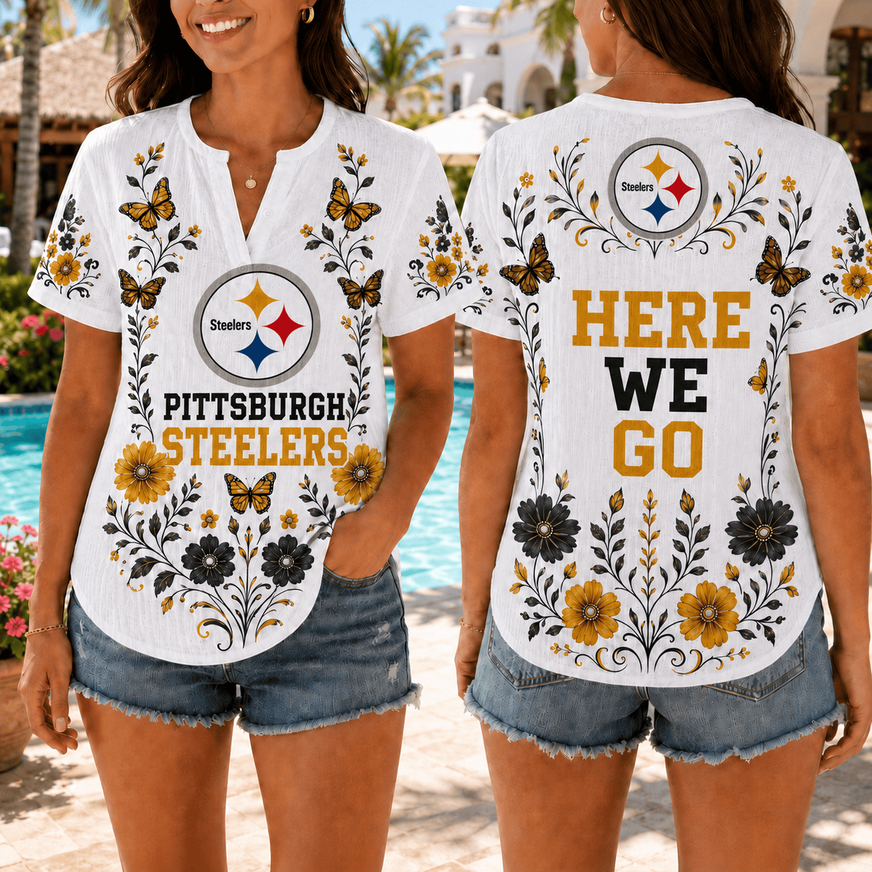 Pittsburgh Steelers | Premium NFL Butterfly Game Day Women’s Summer Linen Shirt TD