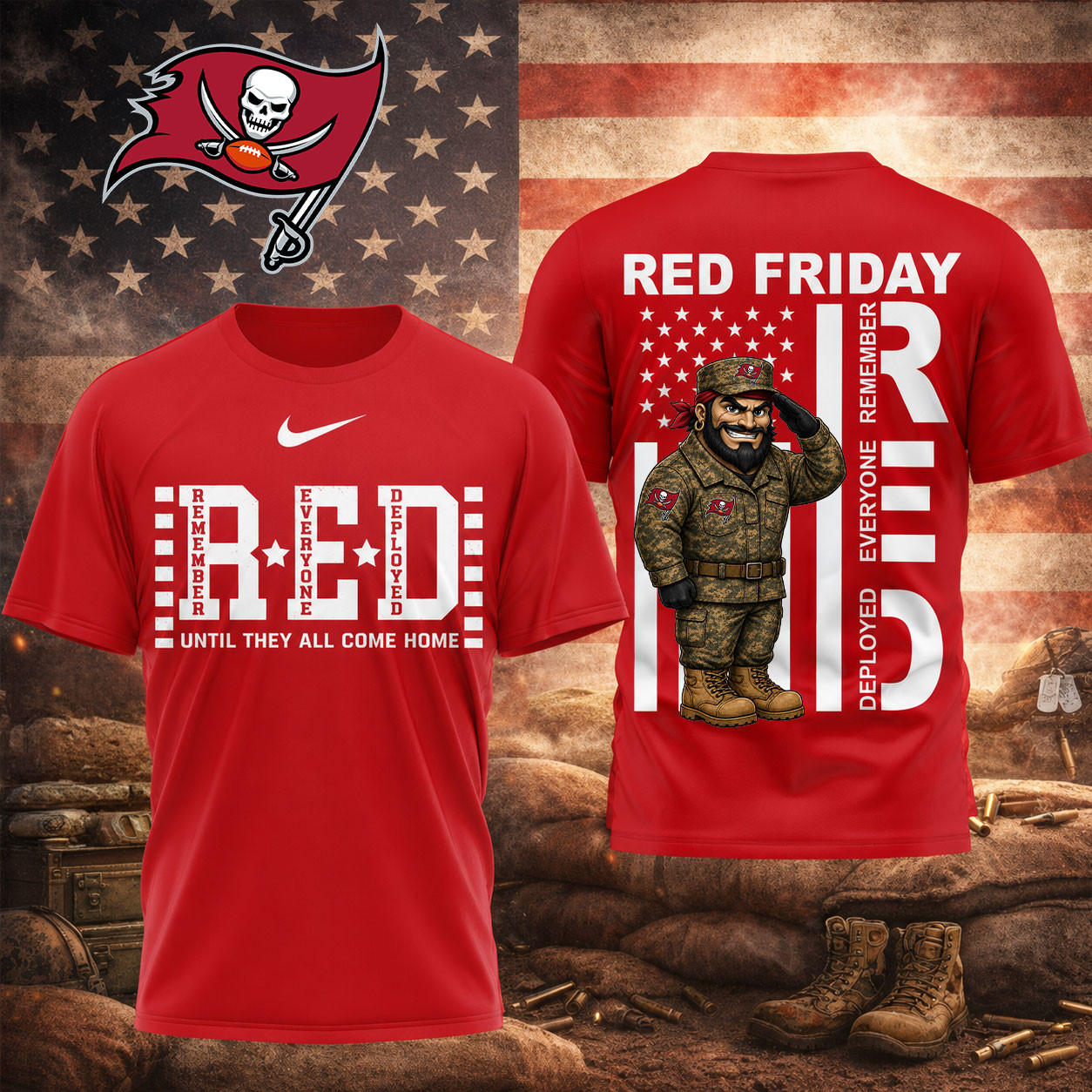 Tampa Bay Buccaneers | Premium NFL Red Friday Remember Everyone Deployed Veteran Tribute T-Shirt TD