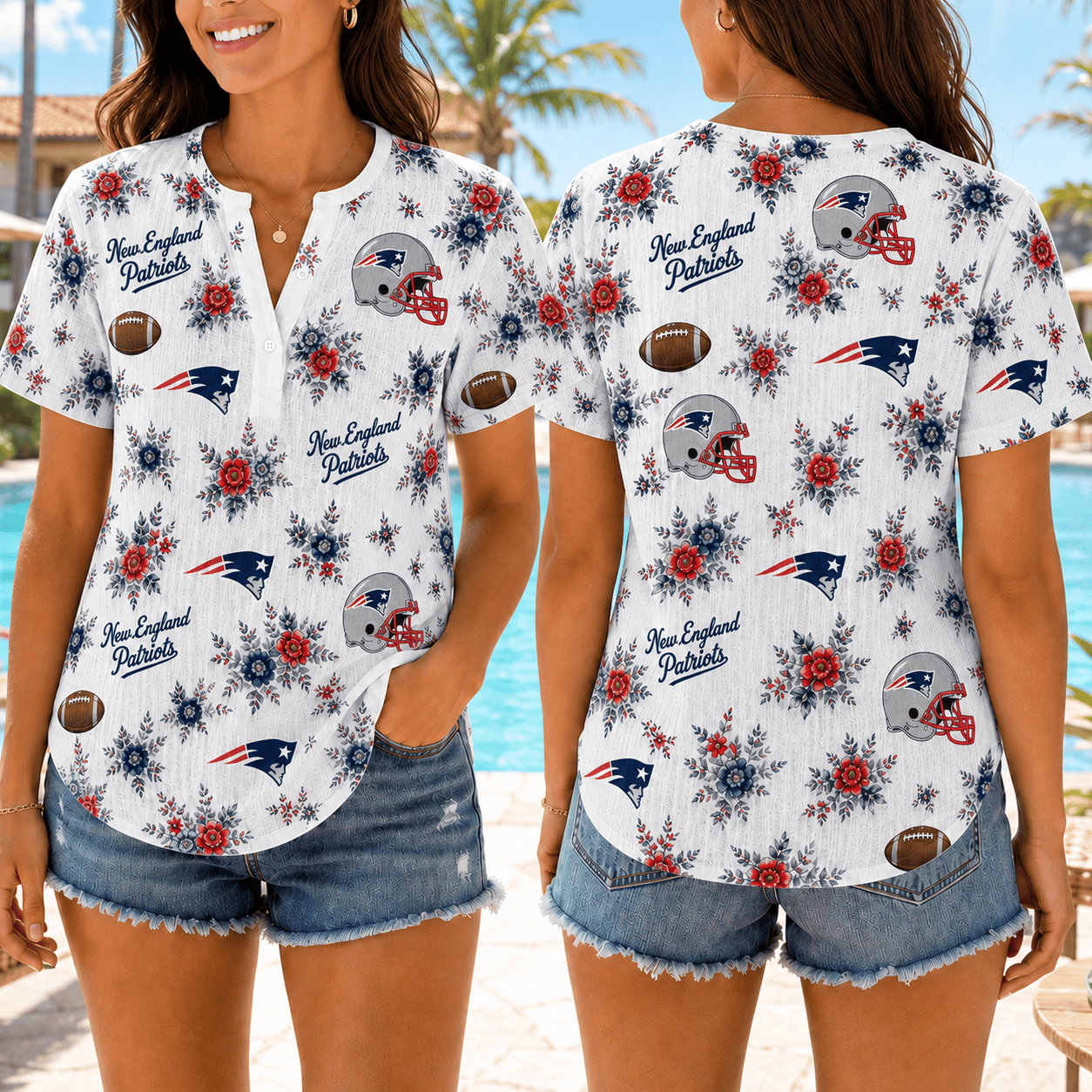New England Patriots | Premium NFL Floral Football Women’s Summer Linen Shirt TD
