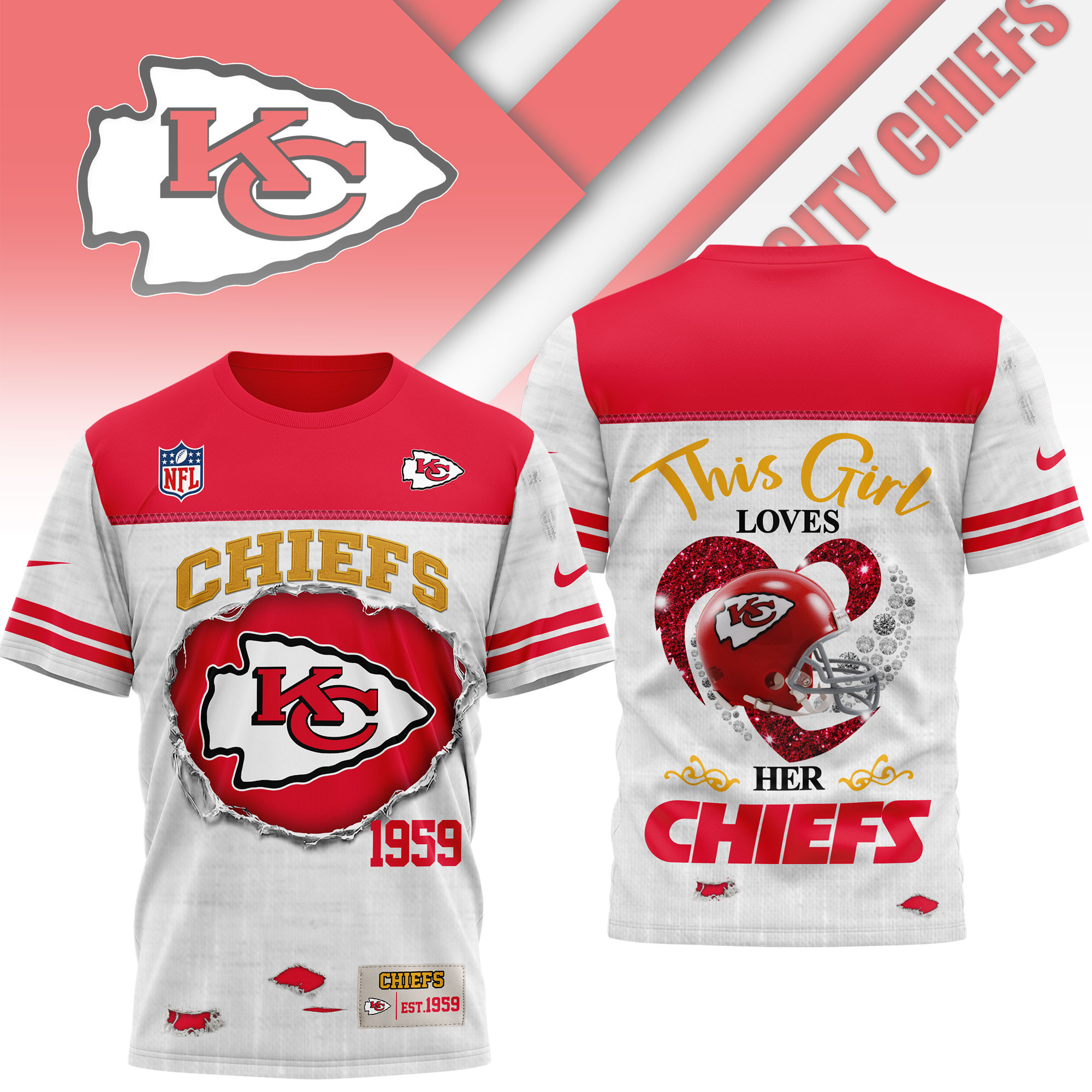 Kansas City Chiefs | Premium NFL Girl Heart & Helmet 3D Shirt NTH1