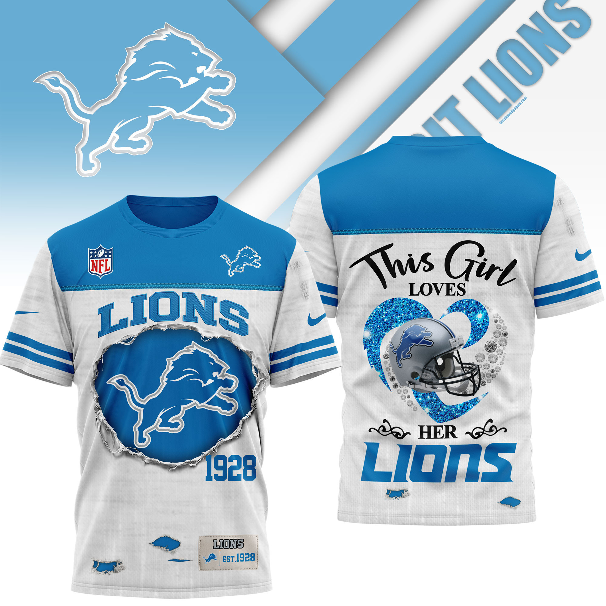 Detroit Lions | Premium NFL Girl Heart & Helmet 3D Shirt NTH1