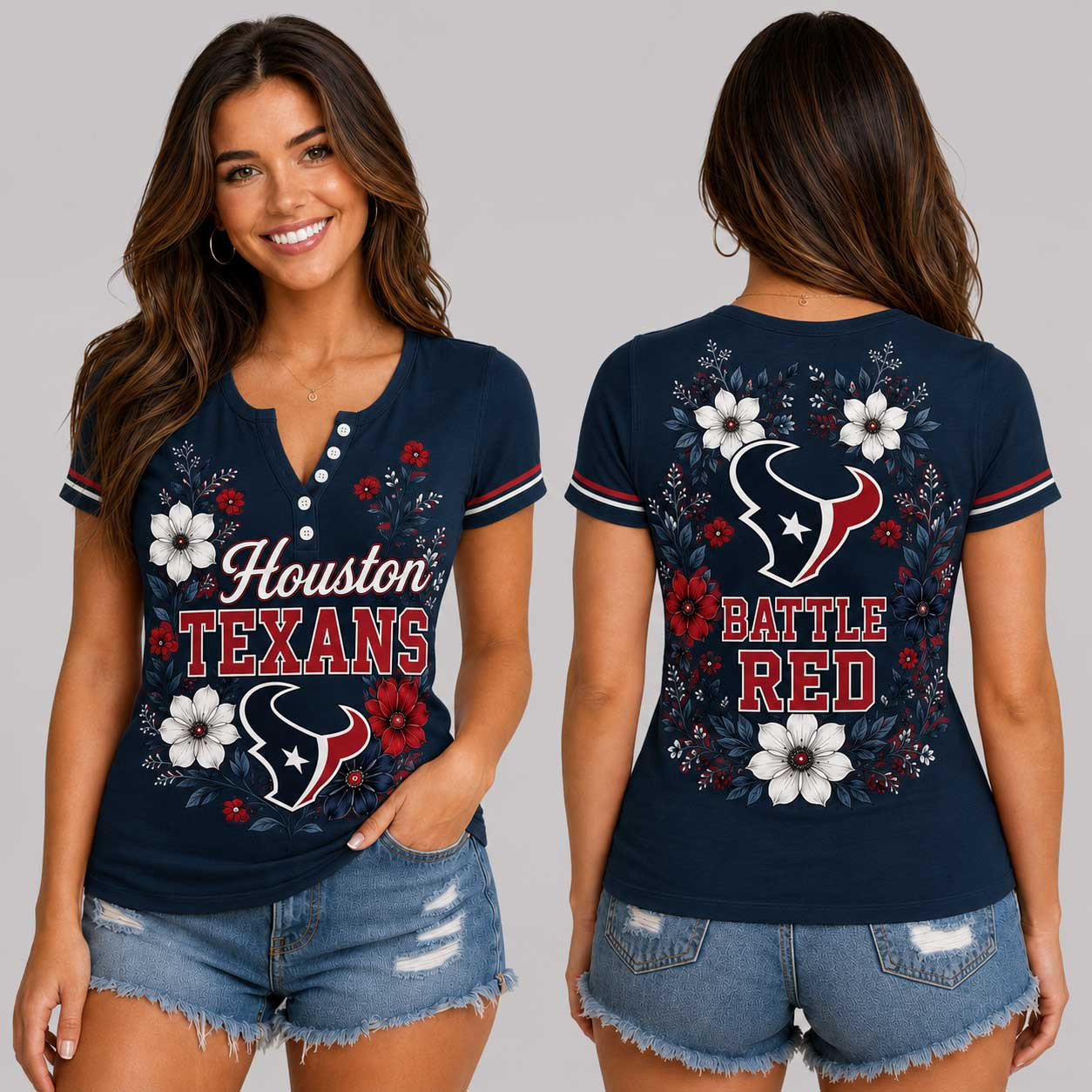 Houston Texans | Premium NFL Team Pride Elegant Game Day Women’s Button V-Neck Shirt TD