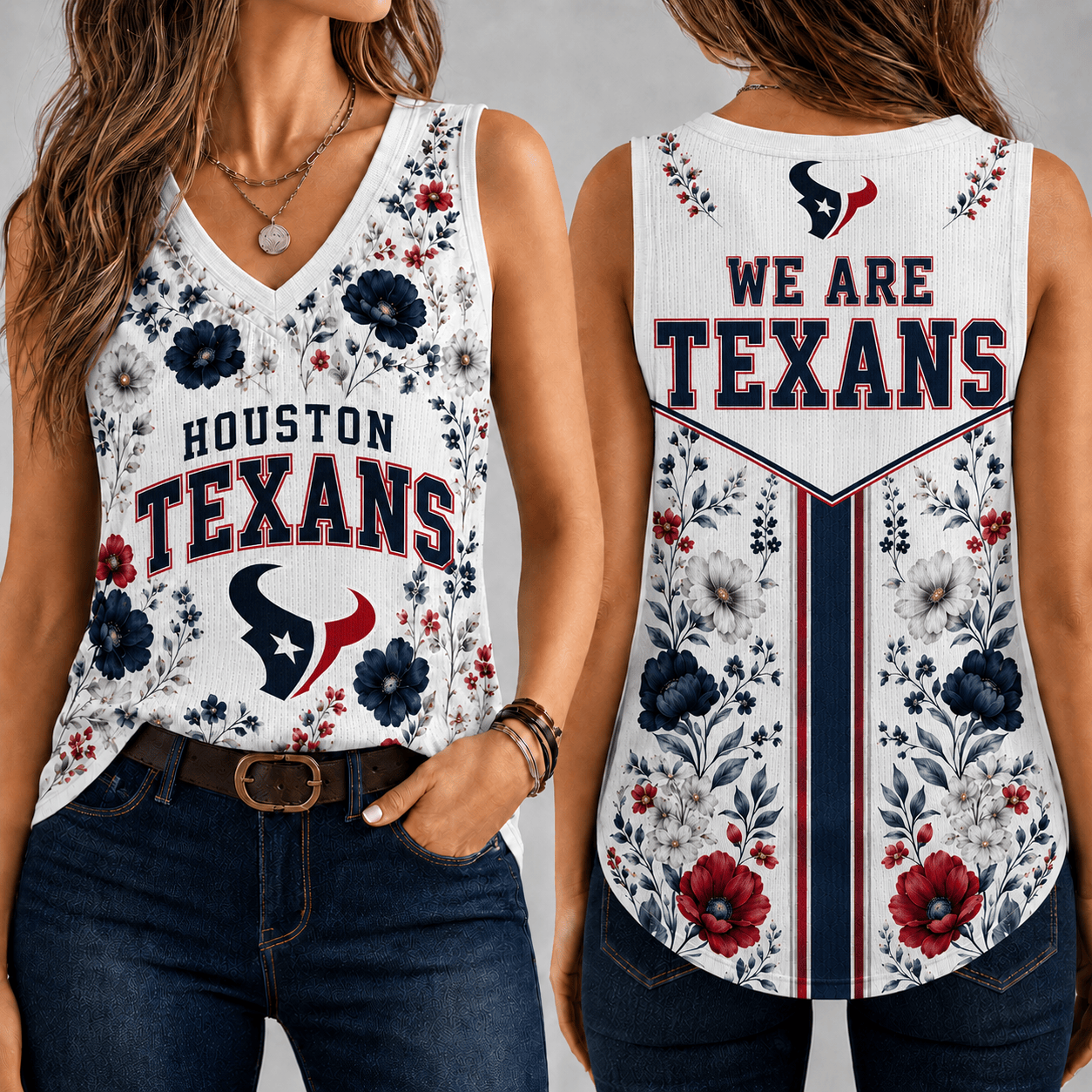 Houston Texans | Premium NFL Floral Vintage Game Day Women’s V-Neck Tank Top TD