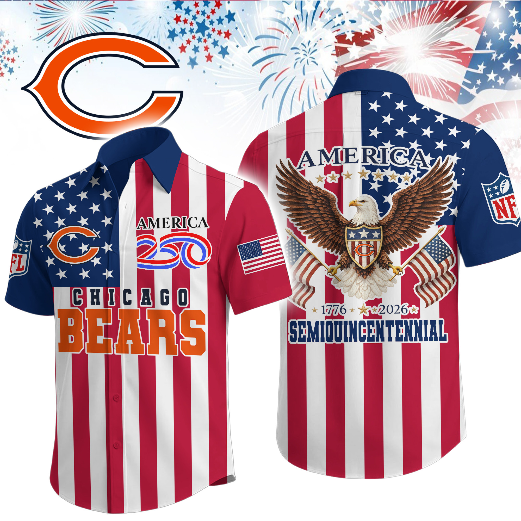 Chicago Bears | Premium NFL Liberty Eagle Patriotic Short-Sleeved Shirt TD