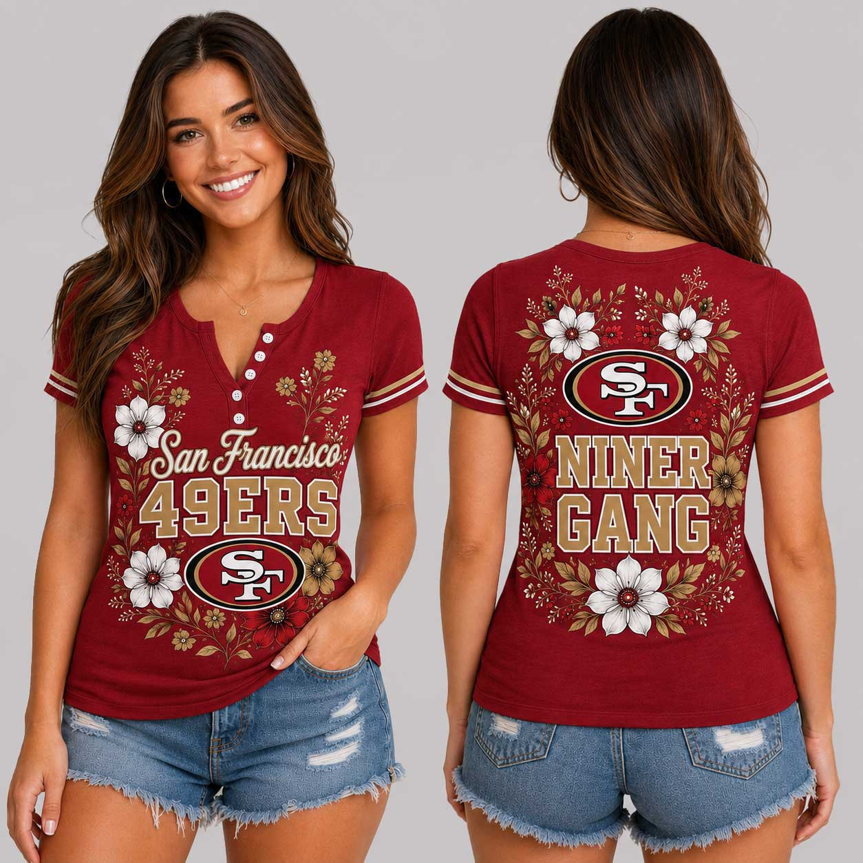 San Francisco 49ers | Premium NFL Team Pride Elegant Game Day Women’s Button V-Neck Shirt TD