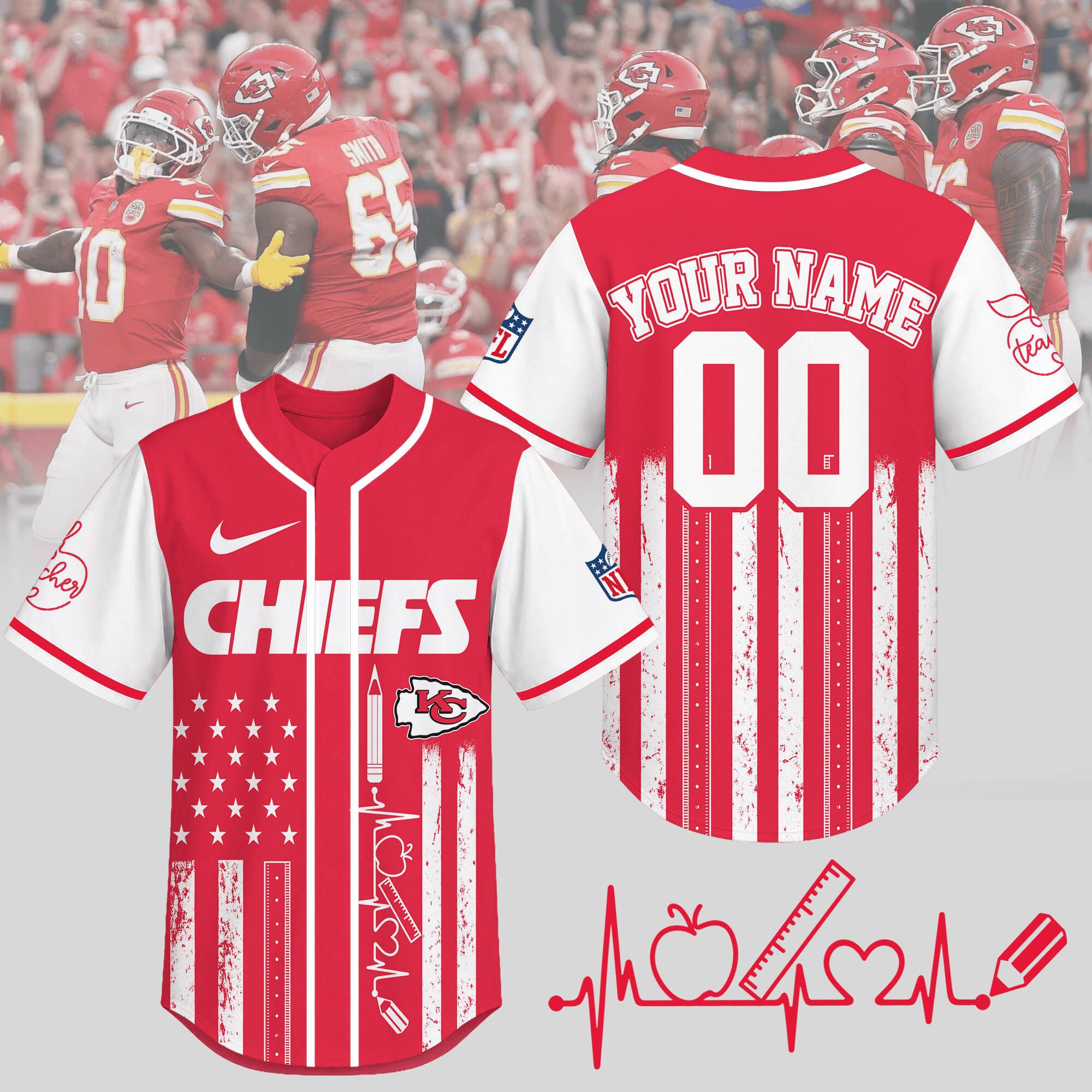 Kansas City Chiefs | Premium NFL Personalized Teacher Heartbeat Jersey NTH1