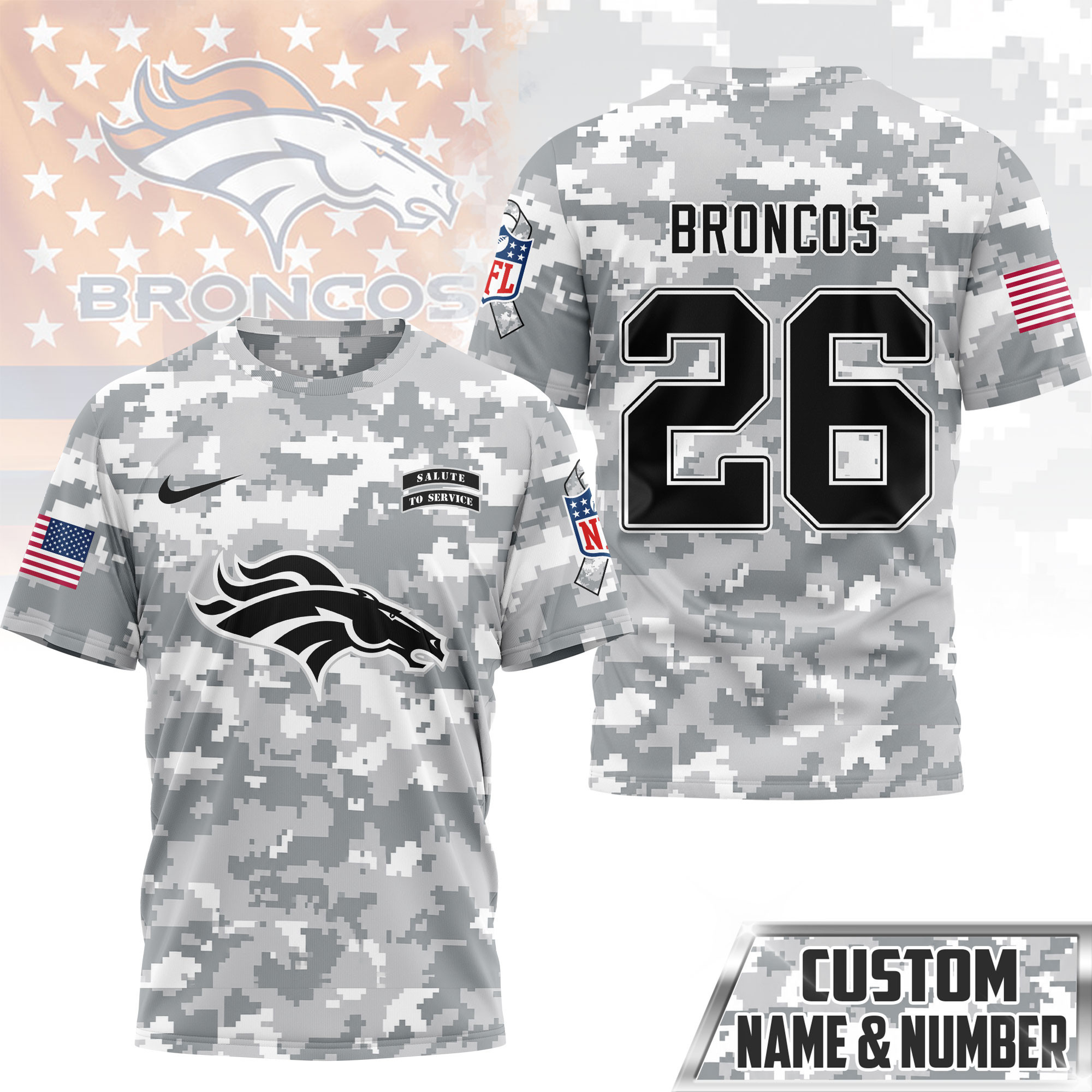Denver Broncos | Premium NFL Salute to Service Custom Name & Number Camo 3D Shirt NY
