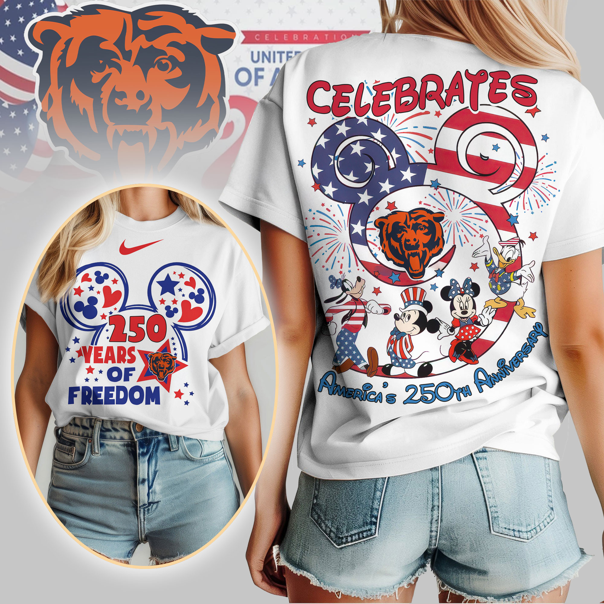 Chicago Bears | Premium NFL Mickey Celebrates America 250th Anniversary Women Shirt TD