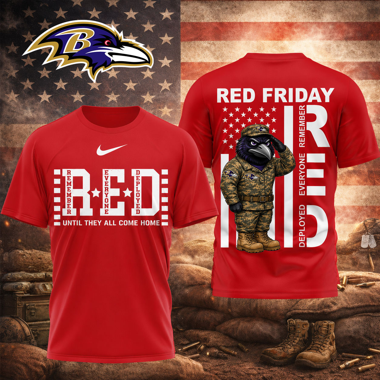 Baltimore Ravens | Premium NFL Red Friday Remember Everyone Deployed Veteran Tribute T-Shirt TD