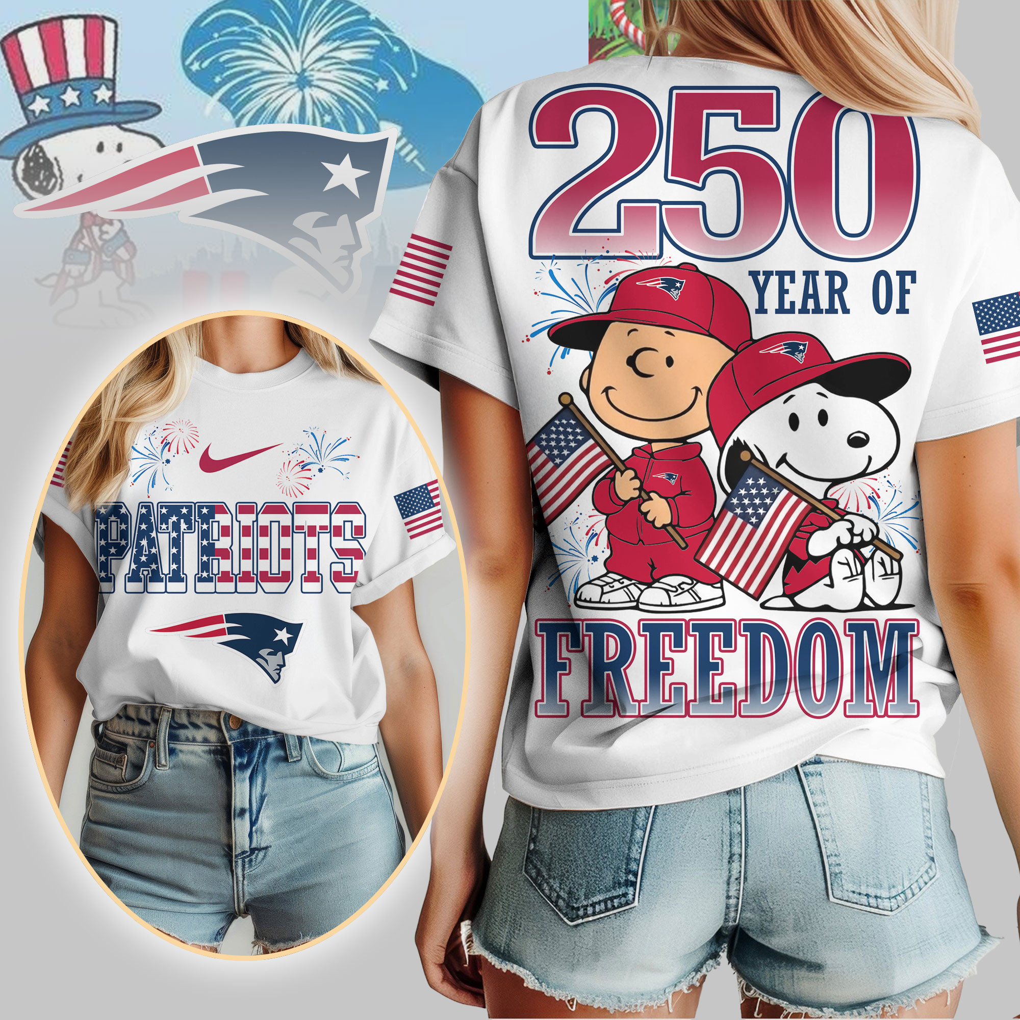 New England Patriots | Premium NFL Peanuts 250 Years Of Freedom 3D Shirt NP