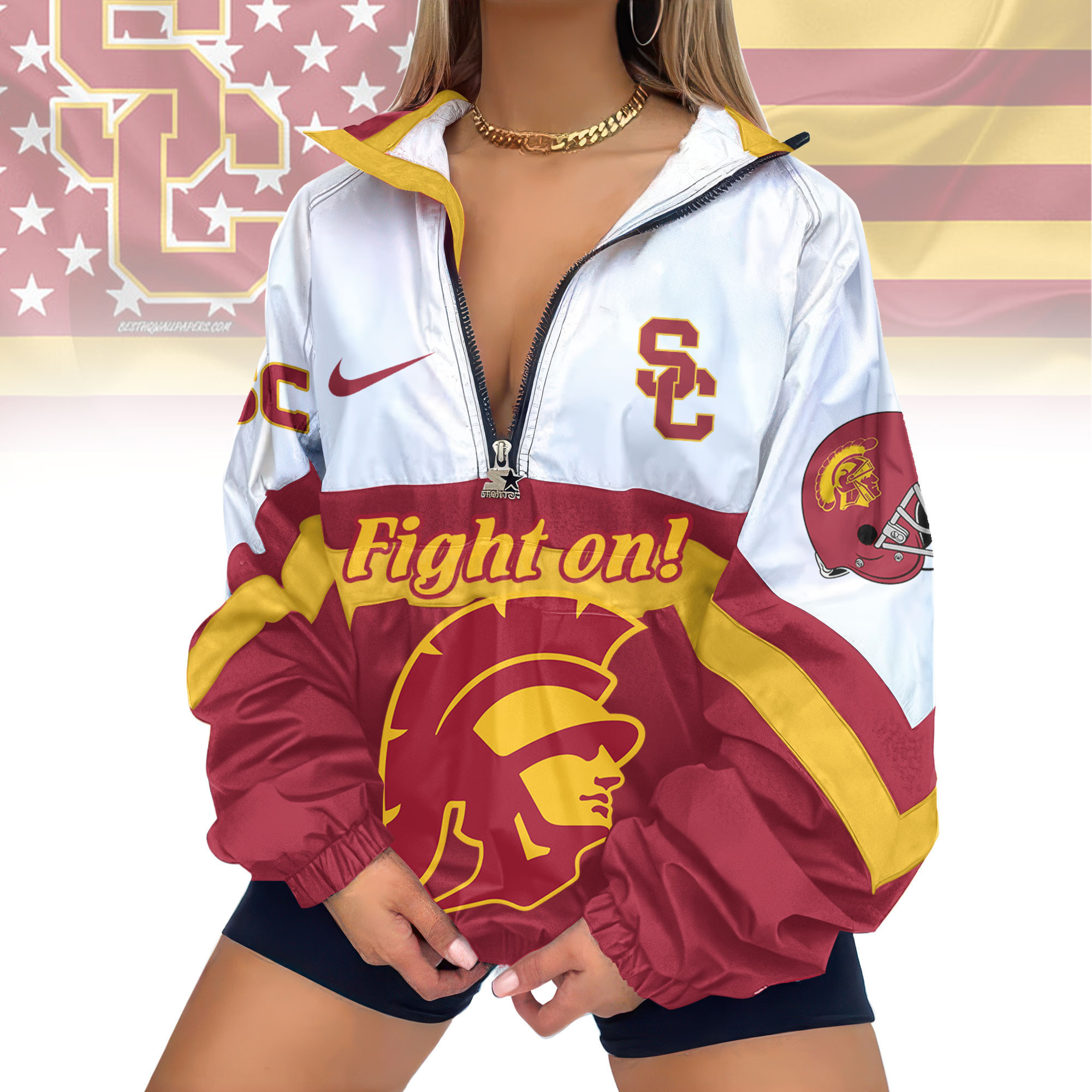 USC Trojans | Premium Women's Printed V-Neck Zipper Sweatshirt Jackets TD