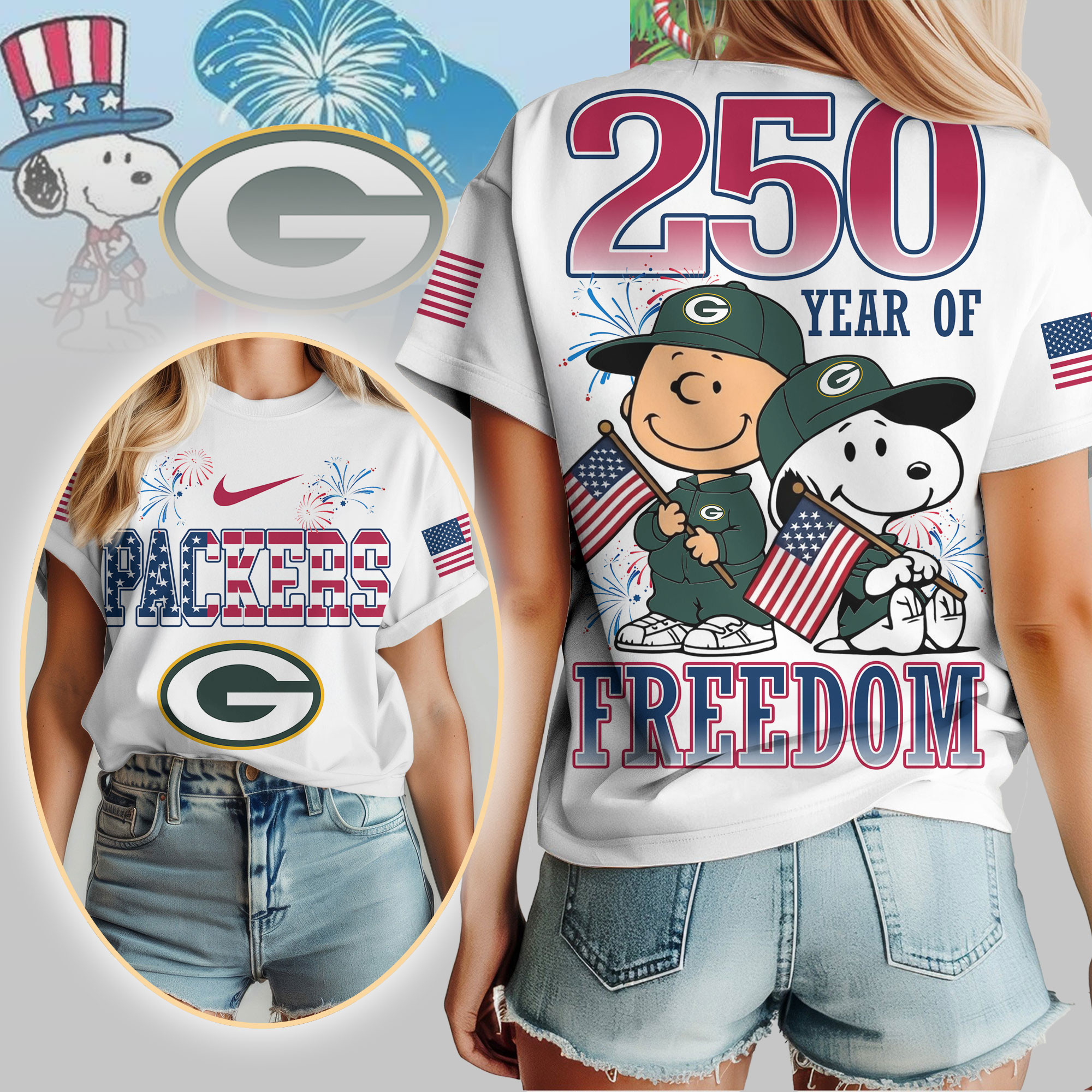 Green Bay Packers | Premium NFL Peanuts 250 Years Of Freedom 3D Shirt NP