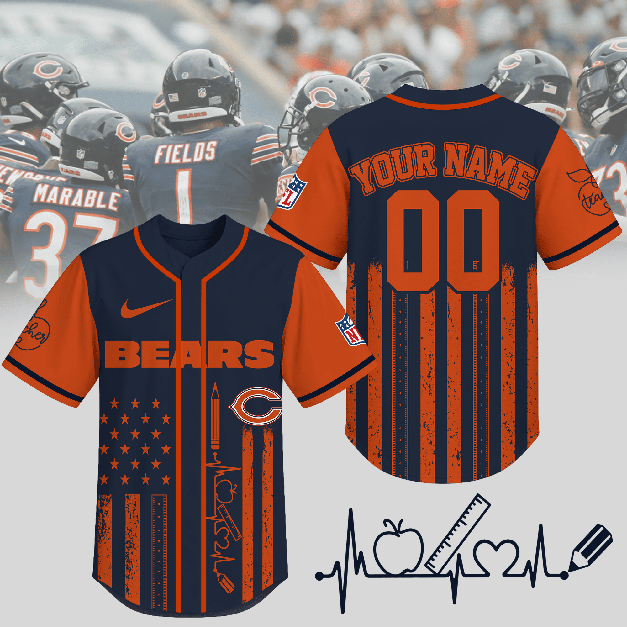 Chicago Bears | Premium NFL Personalized Teacher Heartbeat Jersey NTH1