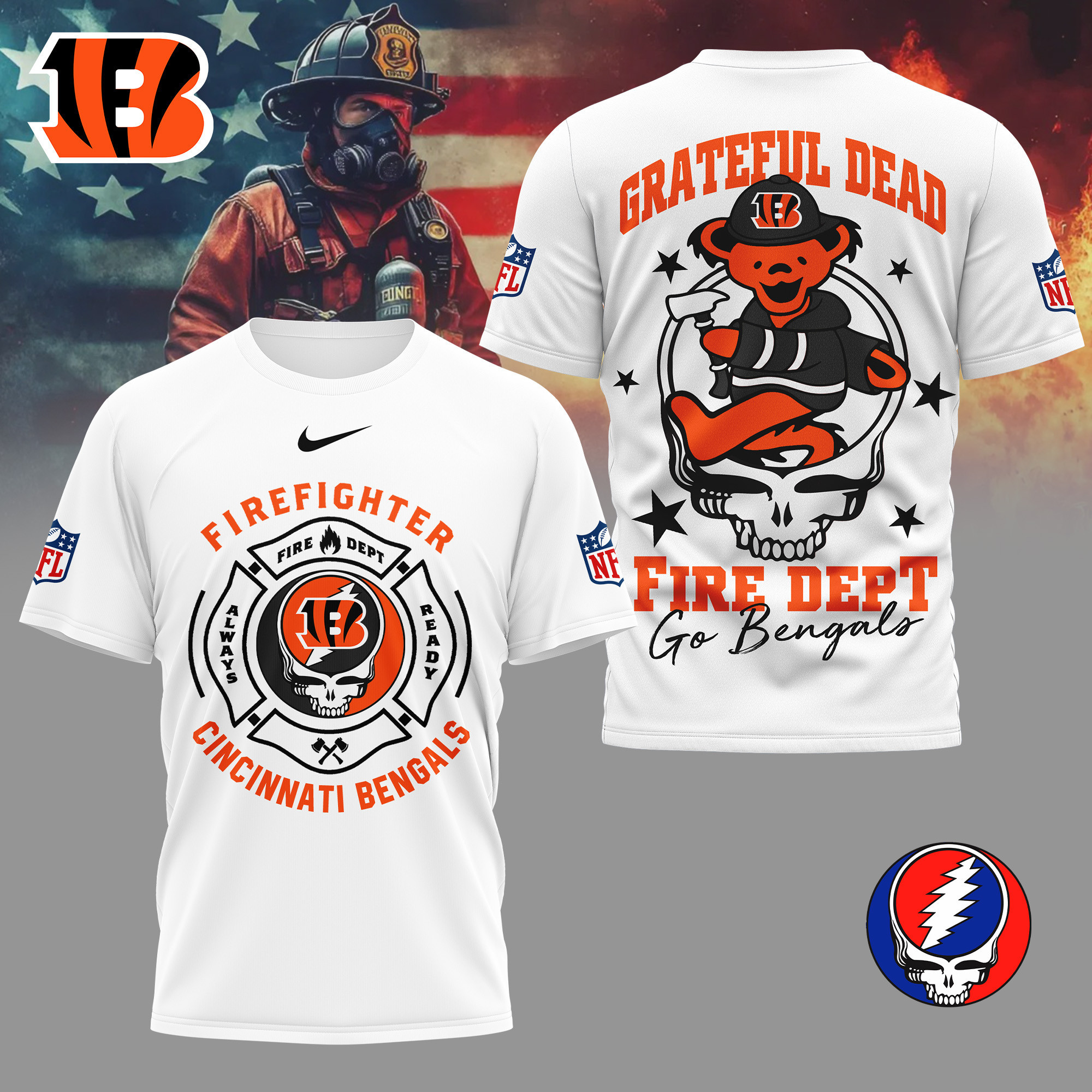 Cincinnati Bengals | Premium NFL Grateful Dead Firefighter 3D Shirt NY