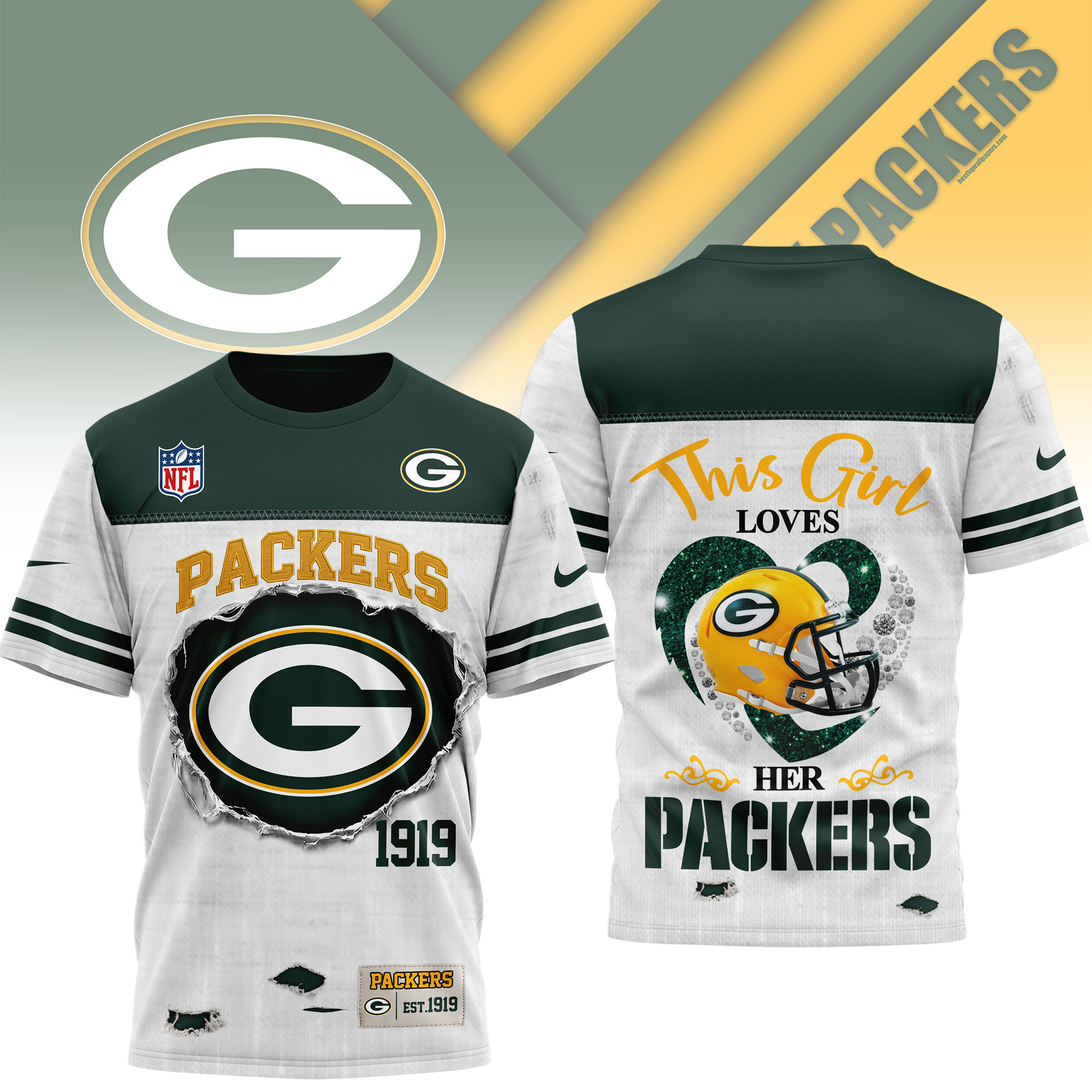 Green Bay Packers | Premium NFL Girl Heart & Helmet 3D Shirt NTH1