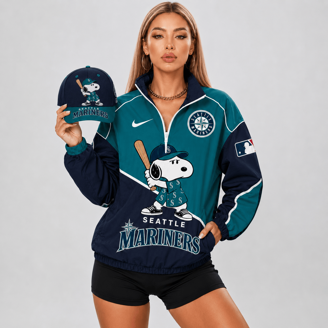 Seattle Mariners | Premium MLB Snoopy Clubhouse Swing V-neck Jacket And Cap Set