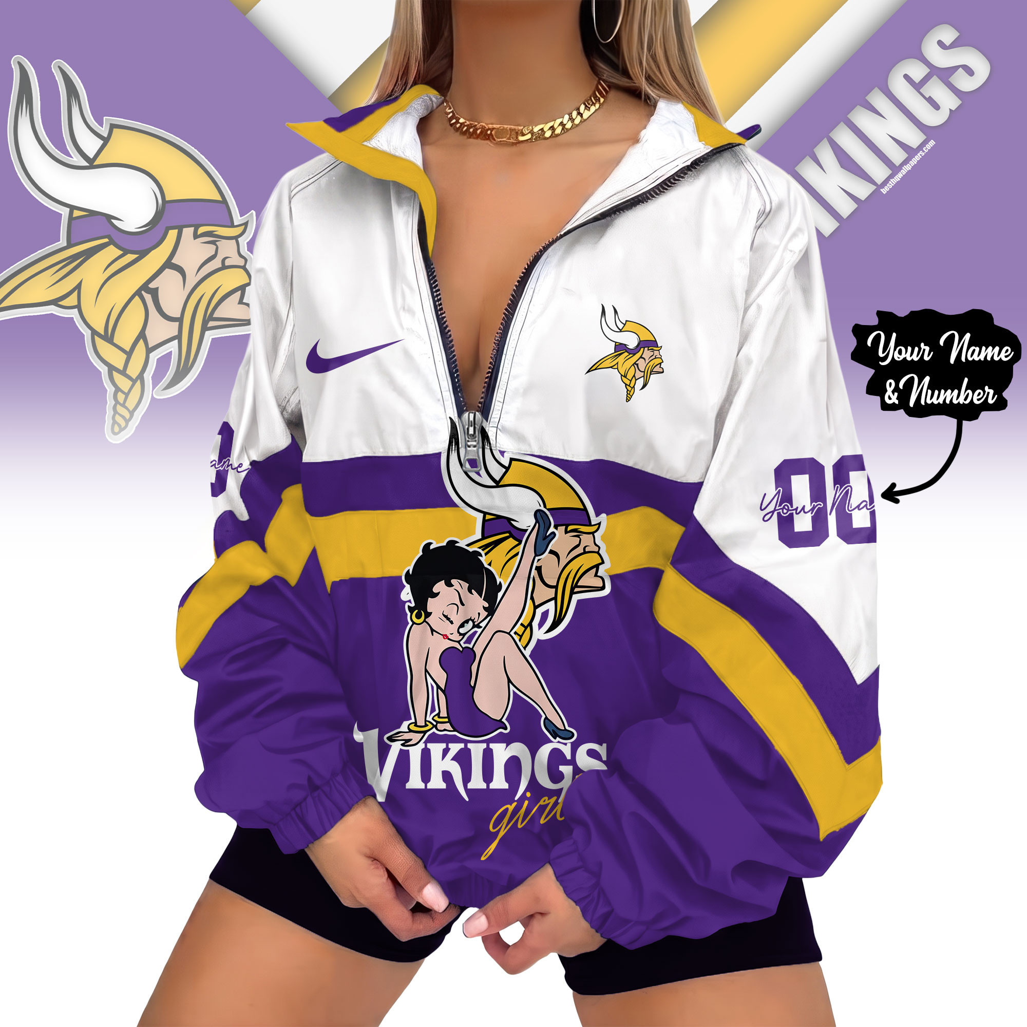 Minnesota Vikings | Premium NFL Custom Game Day Girl Windbreaker V-Neck Zipper Sweatshirt Jackets NTH1