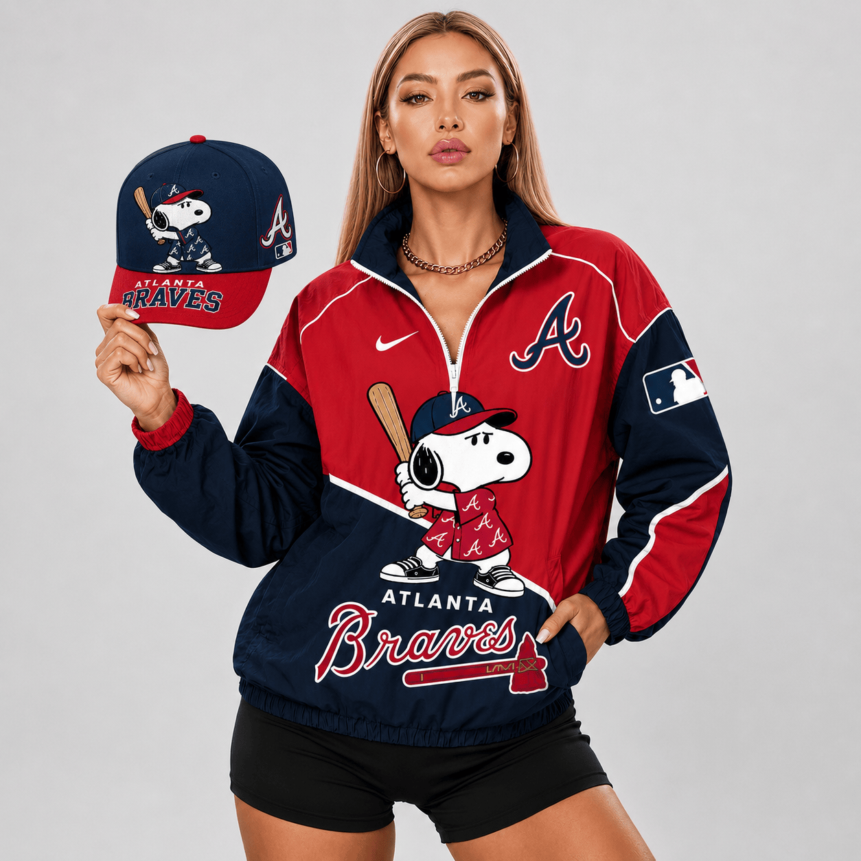 Atlanta Braves | Premium MLB Snoopy Clubhouse Swing V-neck Jacket And Cap Set