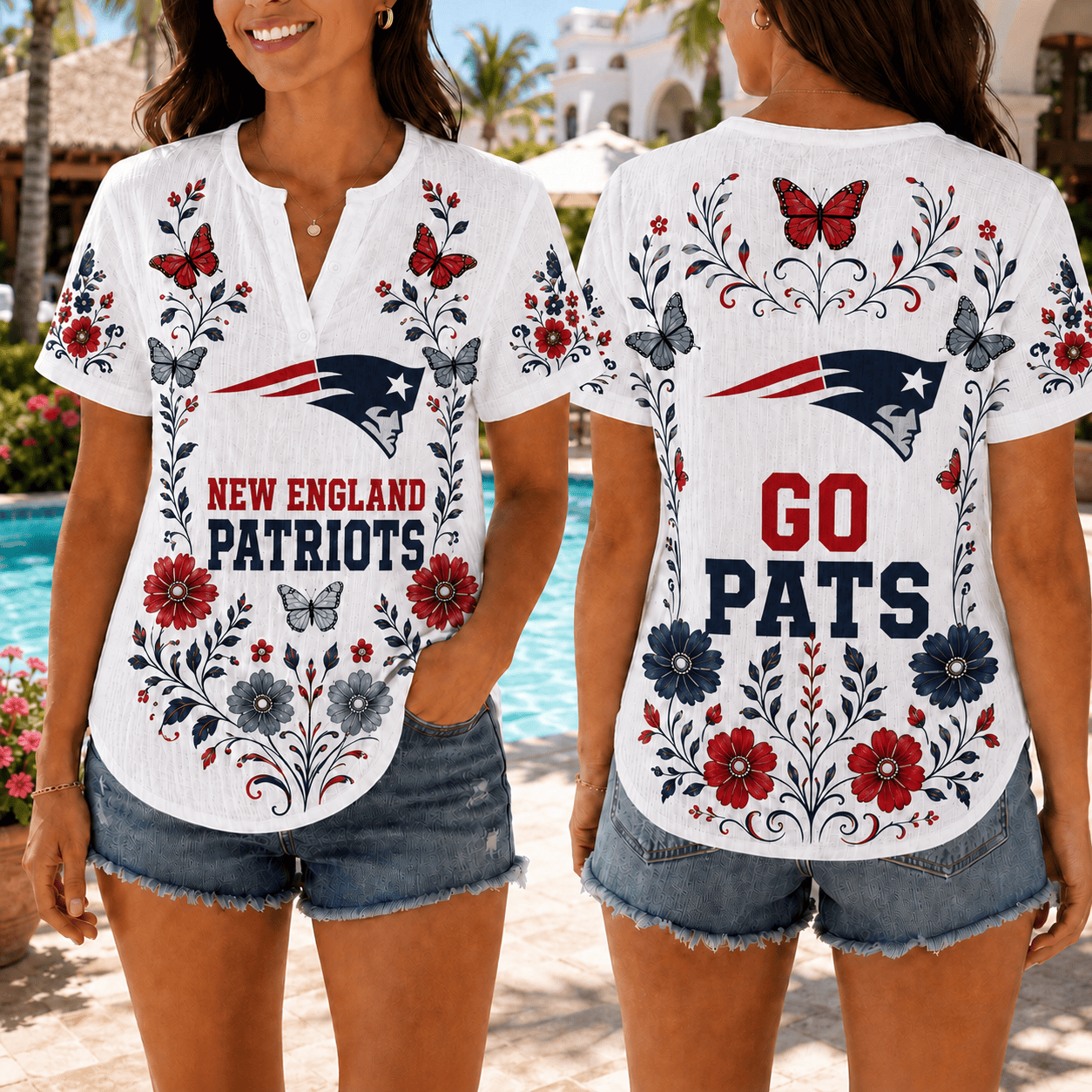 New England Patriots | Premium NFL Butterfly Game Day Women’s Summer Linen Shirt TD